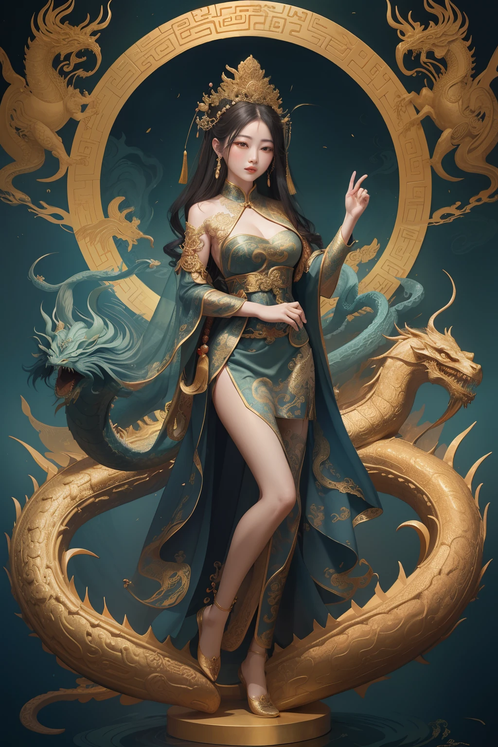 an ancient Chinese goddess, guanyin of the southern seas, Guanyin, Inspired by China, Avalokiteshvara rides a dragon，,Serene expression,shui mo hua,Buddha,Buddhist,Lotus,Chinese painting style,Thangka style