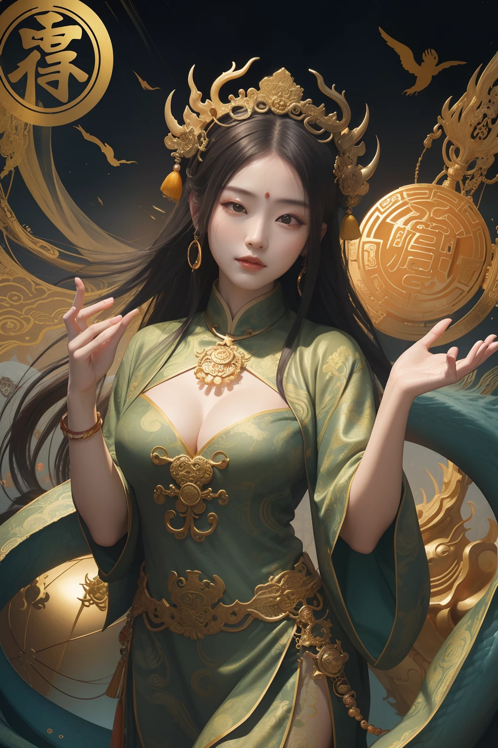 an ancient Chinese goddess, guanyin of the southern seas, Guanyin, Inspired by China, Avalokiteshvara rides a dragon,,Serene expression,shui mo hua,Buddha,Buddhist,Lotus,Chinese painting style,Thangka style