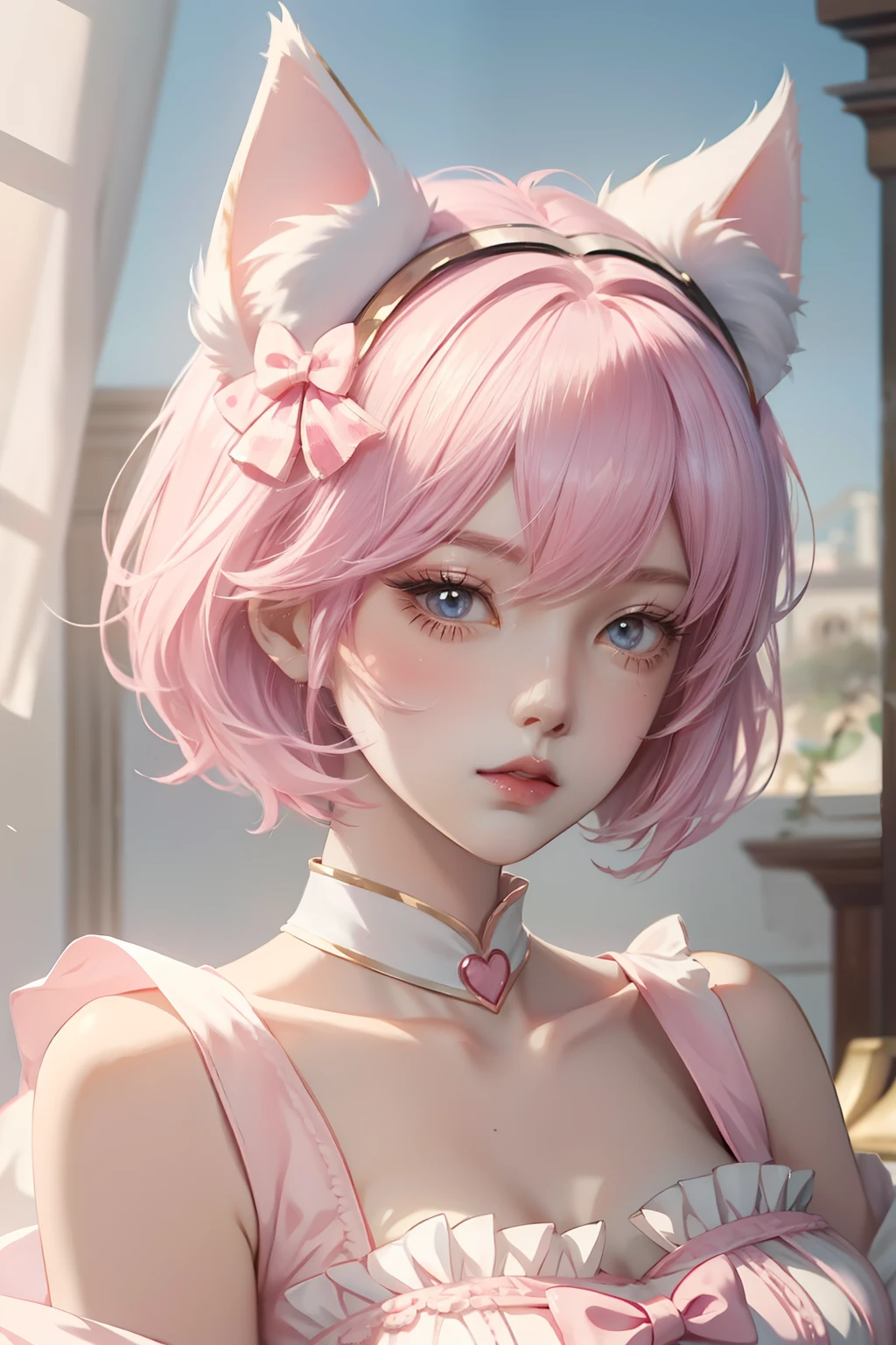Anime girl pink short hair white bow, , Beautiful character painting, , Stunning anime face portrait handsome royal sister cat ears