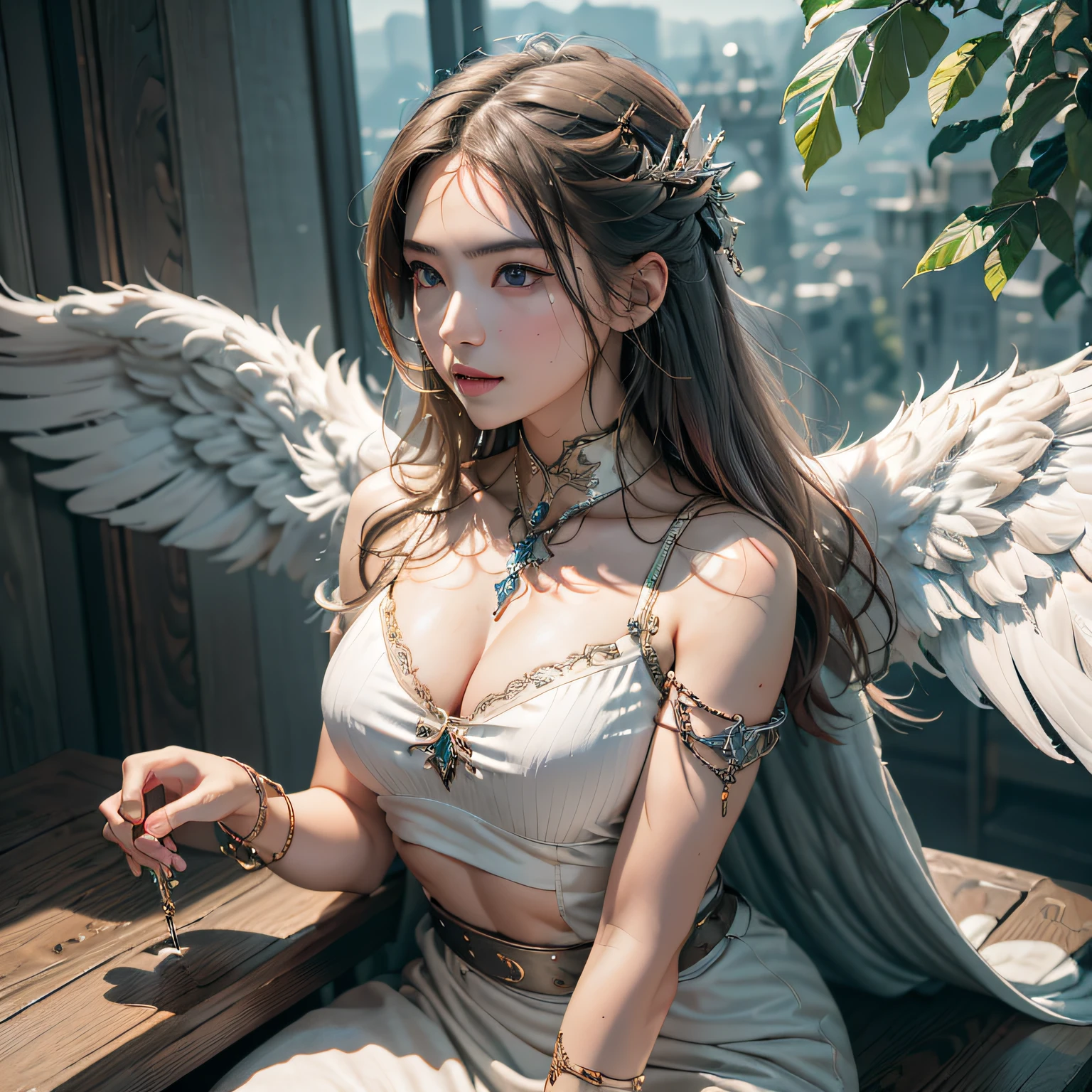 hyper HD, Anatomically correct, retinas, Super detail, Award-Awarded, Best quality, High details, Textured skin, Masterpiece, ccurate, High quality, A high resolution, 8K,1girl in, 独奏, offcial art, unity 8k wall paper, ultra - detailed, prettify、Aesthetic, tmasterpiece, top-quality, Photorealsitic, A female angel、It has 6 large white wings on its back:2.0、Wings of a bird of prey、Blazing Angel、Silver armor:2.0、Silver gauntlet、Silver Solette、White fabric、Hair ornaments with small wings、Valkyrie、Very large wide sword、Glowing angel circle、angelic halo:2.0、Light magic、depth of fields, Fantastic atmosphere, calm color palette, Soft Shading、You can see the forest in the distance、See remote mountain castles、ellegance、Full body like、busty figure、Large full breasts、wide waist、Floating in the air:2.0、Flying in the sky:2.0、Fry high in the air、Sky on the steppe、You can see the castle on the hill in the distance