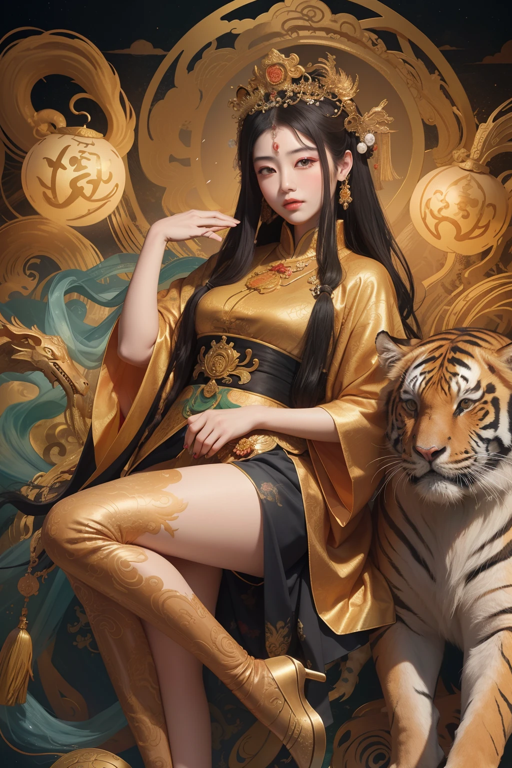 an ancient Chinese goddess, guanyin of the southern seas, Guanyin, Inspired by China, Avalokiteshvara rides a tiger,,Serene expression,shui mo hua,Buddha,Buddhist,Lotus,Chinese painting style,Thangka style