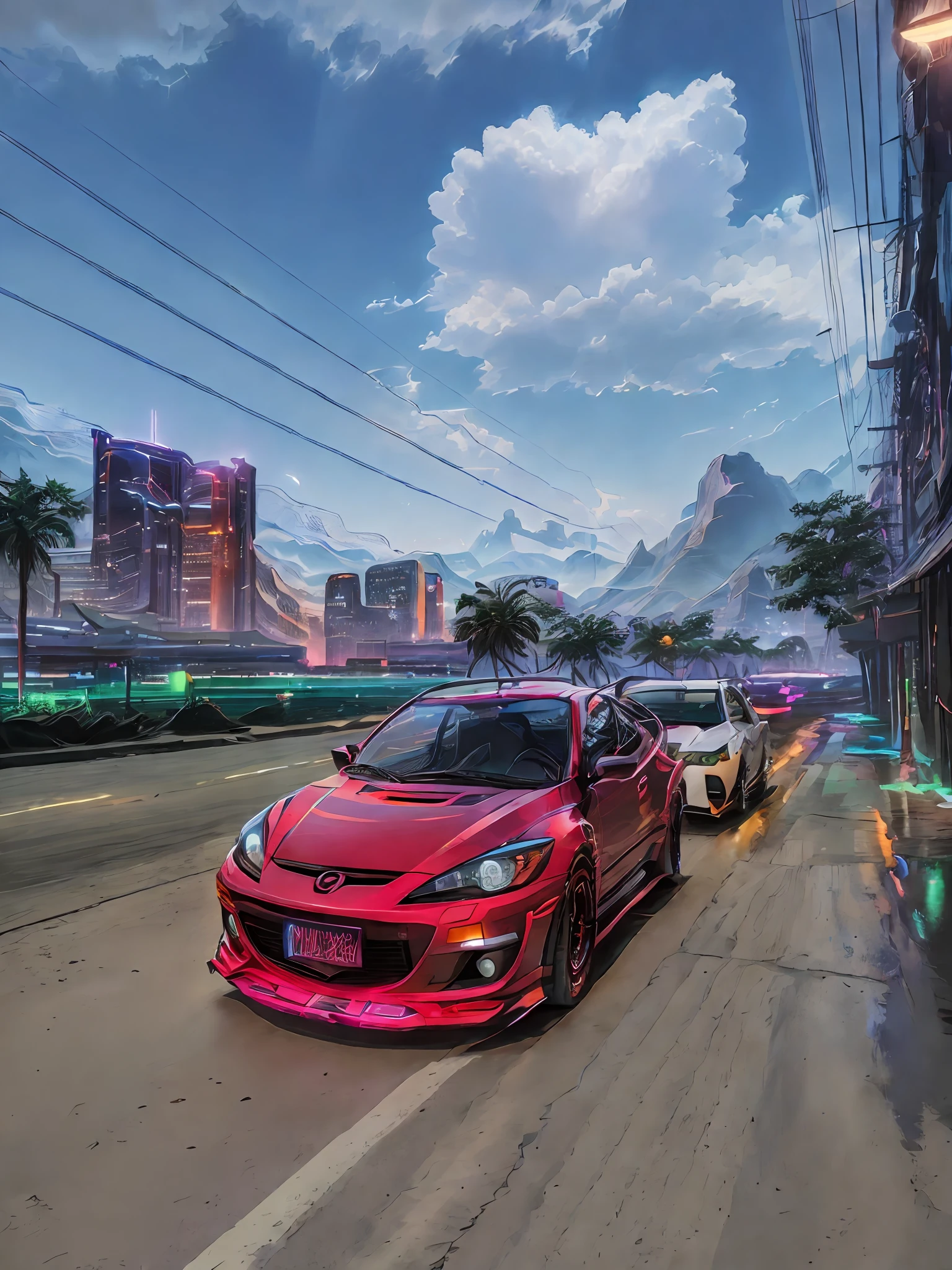 retrowave. city, 2012 Mazda 2,wide body kit, road,  purple neon lights, sun, mountain, 
(masterpiece,detailed,highres),