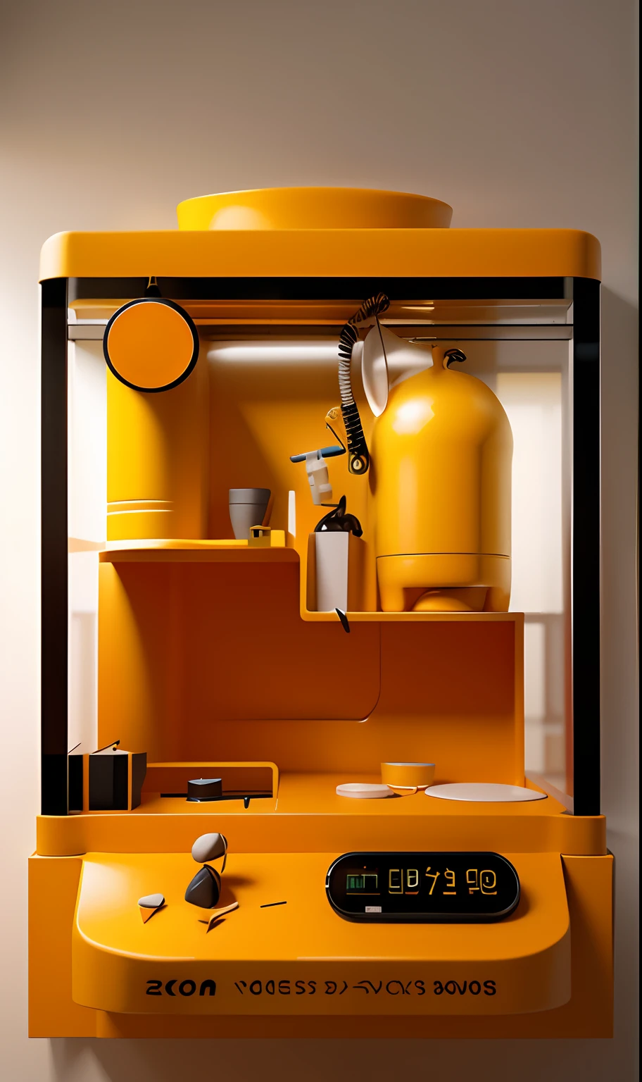 With yellowish light orange、Futuristic digital art, 3d grainy aesthetic illustration, Stylized digital illustration, art deco outrun anime aesthestic, Concept illustration, High detail digital painting, McDonald 3D printed cake factory style,It is decorated in light orange and yellow style,Graphic design inspired illustration、trending on cgstation, Bubble Mart,blindbox, by Russell Dongjun Lu, biopunk toys made in china, promo art, Rectangular room,Yellow walls,White countertop,With metal joystick,CG art,promotional render, 3 d product render, 3 dmax