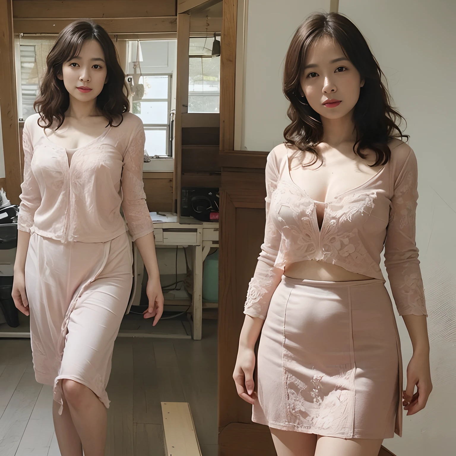 onoff,1girl,Japanese,38yo,cute dress,light brown mideum layered hair,(slender body:1.2),mideum tits,cleavage,(large hip:0.6),(hairy pussy:1.1),camel toe,full body shot,on the beach,day,Standing,model pose,side-by-side photo,split screen,smiling, 8k, RAW photo, highest quality, masterpiece: 1.2), (realistic, photorealistic: 1.37), professional lighting, photon mapping, radiosity, physical based rendering, (elaborate CG), extreme light and shadow, master work, rich details, (top quality photo),milf,