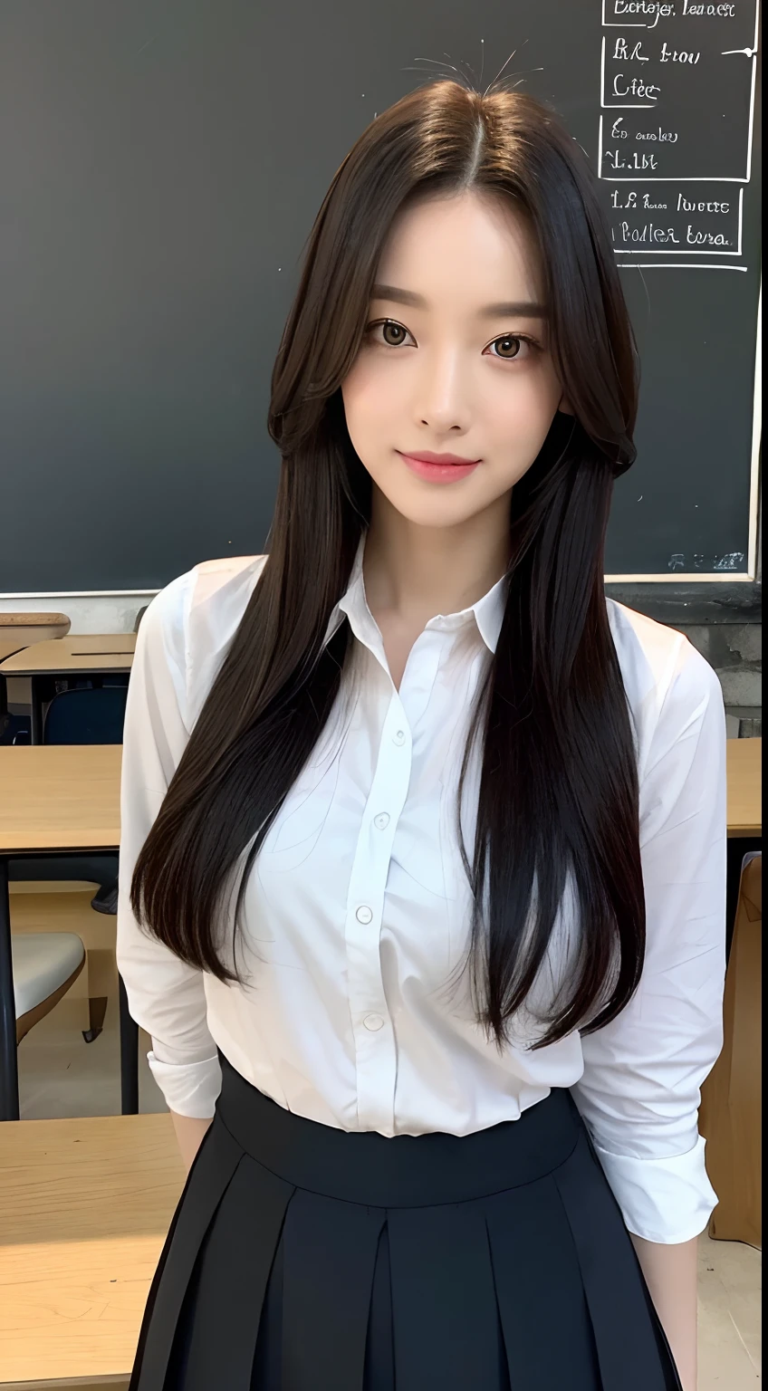 ((Best Quality, 8K, Masterpiece: 1.3)), 1girl, Slim Abs Beauty: 1.3, (Hairstyle Casual, Big Breasts: 2.1), Dress: 2.1, Super Fine Face, Delicate Eyes, Double Eyelids, Smile,The Teacher Is Explaining On The Blackboard,Sexy Standing In Classroom,Hold A Book And Long Ruler,Long Wet Hair,Teacher Tight Shirt And Tight Long Skirt Outfit,Looking At Viewer,Facing the Chalkboard, Back to the Audience