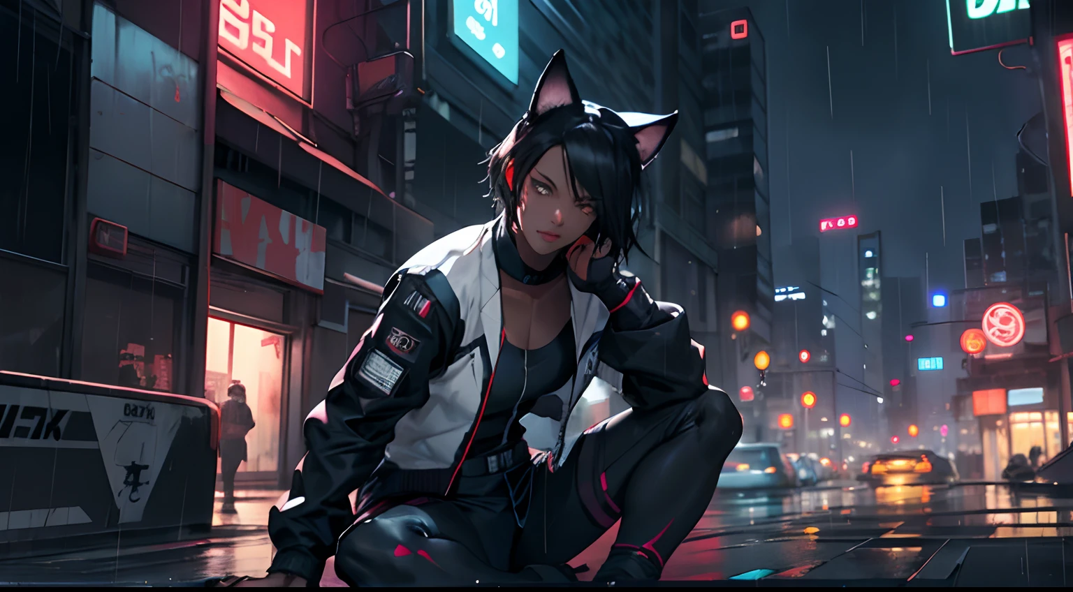 1girl, black hair, gym, athletic, robot, animal ears, large assault rifle, neon, kitana, noir, mystery, thick waist medium breast, muscular, tomboy, cyberpunk, nekomata, warrior, sexy outfit, looking at viewer, anime, realistic, rainy night city, dark skin, sitting on building roof with pet cat, black and blue colors, high quality