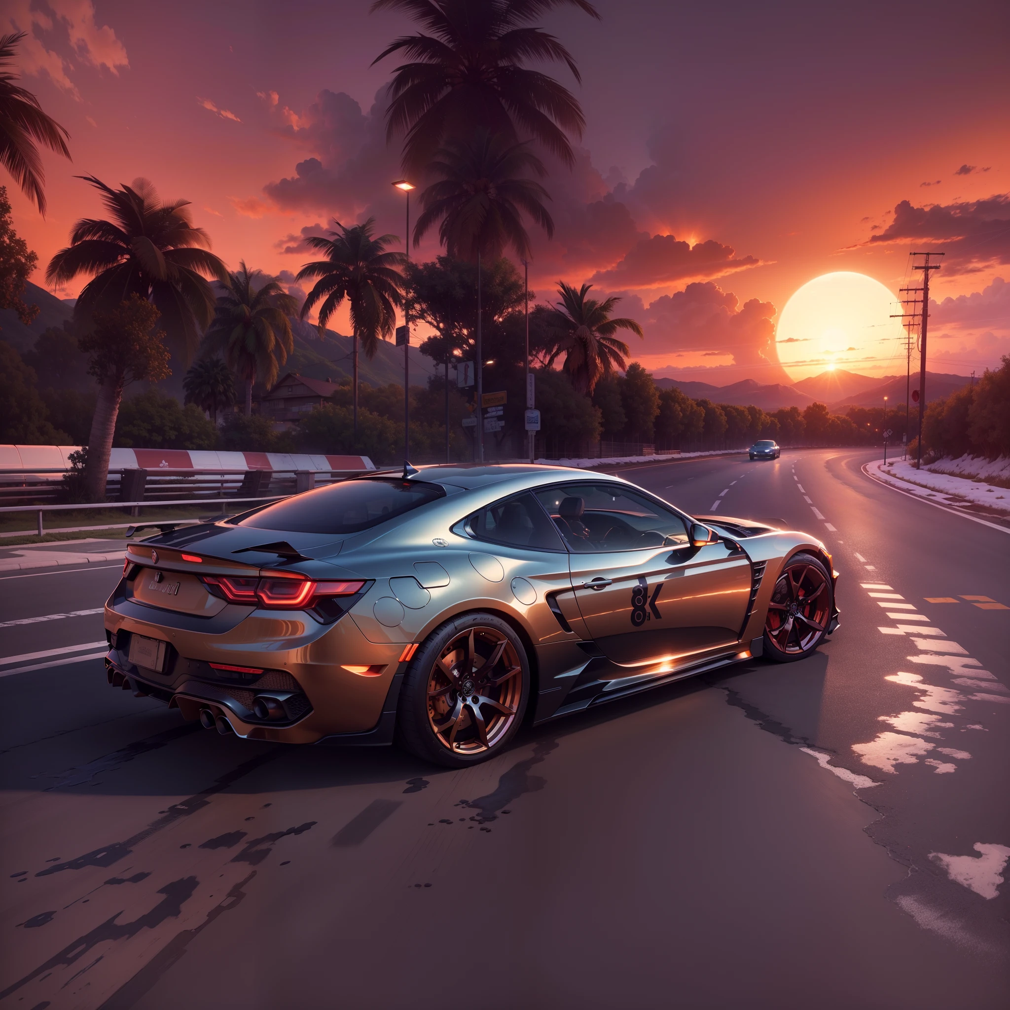 ((Best quality, 8K, Masterpiece: 1.3)),((Amazing detail: 1.2)),((illustration: 1.1)),Sunset,synthetic wave，The Car