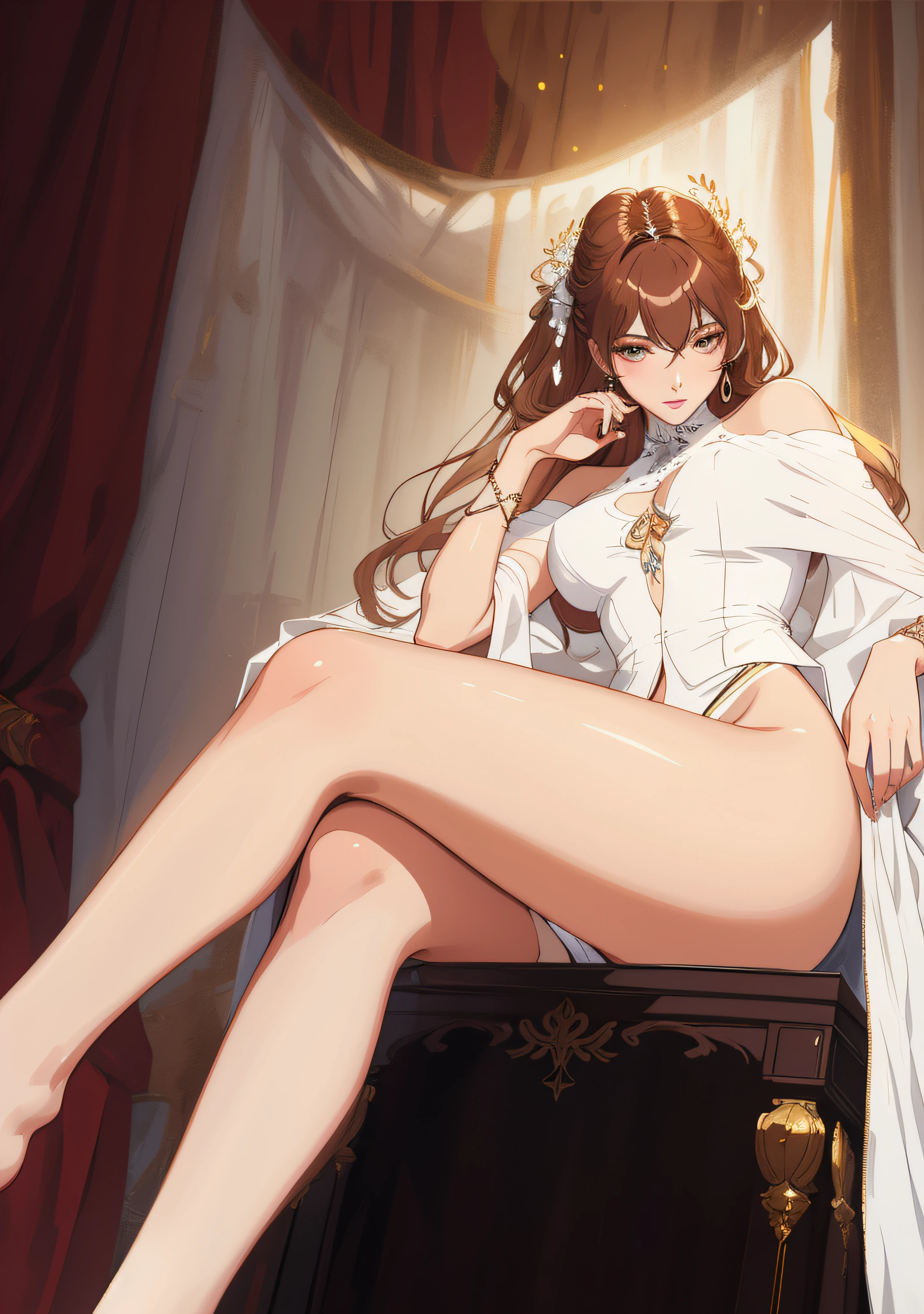 high-level image quality、Drawing of a woman in a white shirt and white pants, sultry digital painting, blurry and dreamy illustration, style digital painting, Fully clothed. painting of sexy, Inspired by Ramón Casas y Calvo, #1 digital painting of all time, # 1 digital painting of all time, digital art of an elegant、Beauty sitting on the throne、Beauty with crossed legs、long brown hair、Beautiful woman sitting with hands on cheeks