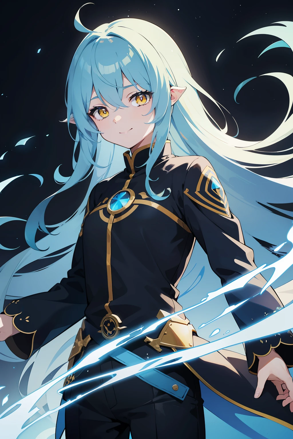 rimuru tempest,yellow  eyes、a smile、blue-sky、picture、illustratio、Black clothe、Black pants、Light blue hair、Humanoid、length hair、a person、ember、Reflective hair、illustratio、illustratio、No gender、demon king