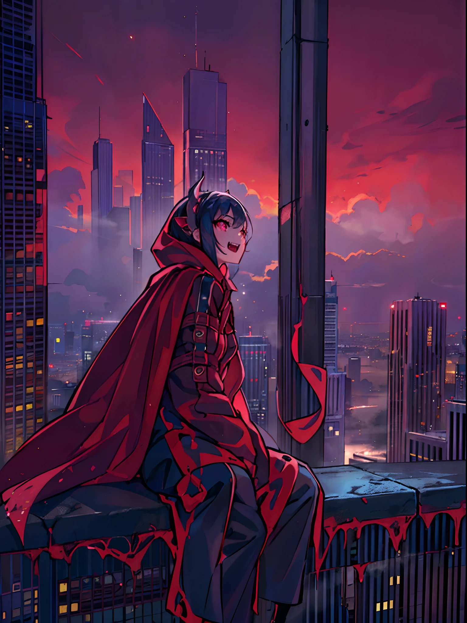 (best quality), (masterpiece), (photorealistic), (realistic), super detailed, unity 8k wallpaper, highly detailed cg, ray tracking, sharp shadows, great detail, depth of field, super detailed background, cyberpunk vampire girl, latex, (Resting at the top of a skyscraper, she looks up at the new moon with an ecstatic expression and is cloaked in a thin red mist.) :1.6, Future city, On top of the city's tallest skyscraper, wispy new moon, side shot, wide shot, steeple, (A vampire in a futuristic city observes people from the shadows and from the mist on the night of the new moon in search of prey. Cloaked in fog, she tracks her prey with bright red eyes and pointed fangs. A resounding scream, but no one hears it.) :0.6,