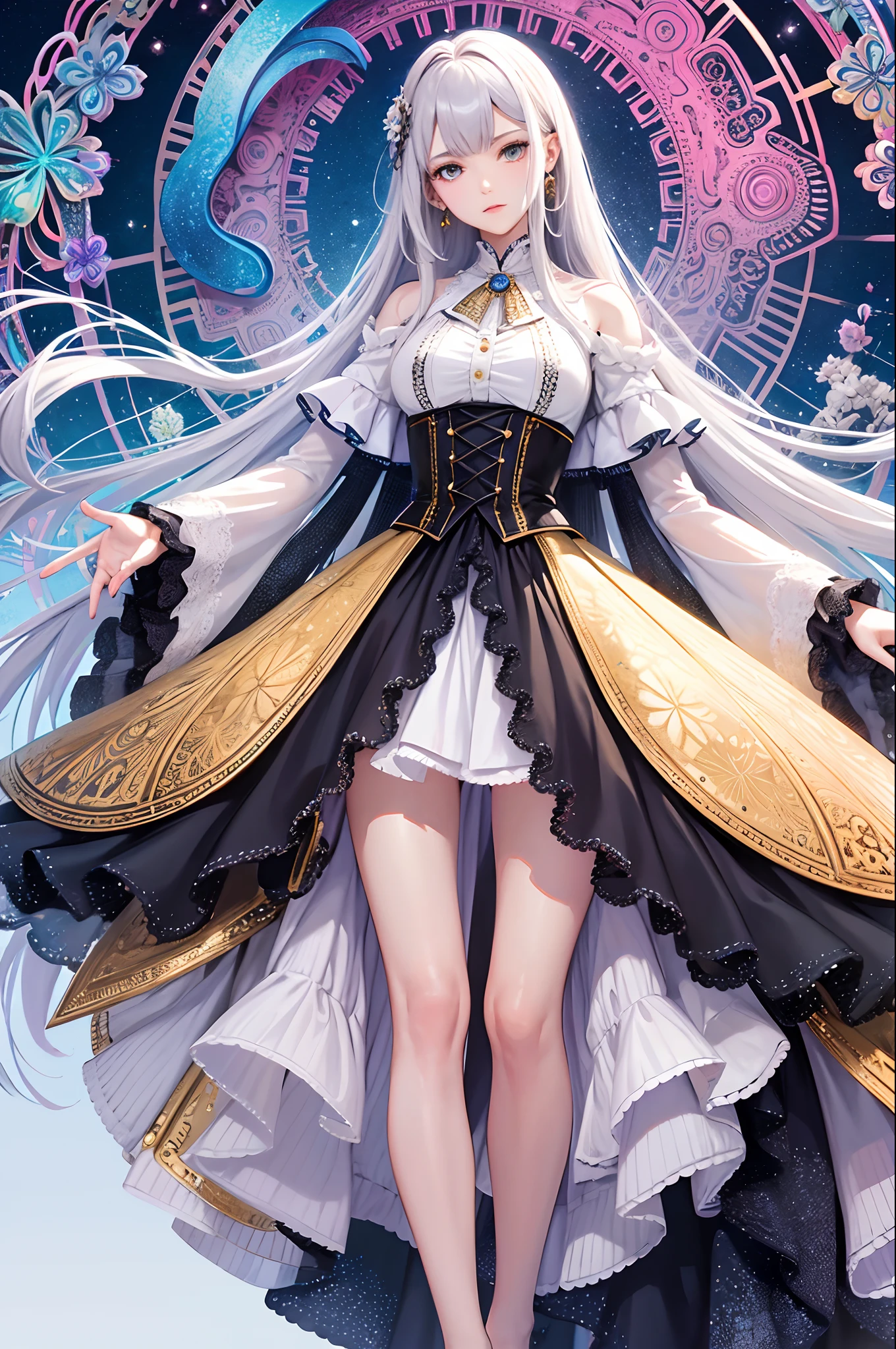 (tmasterpiece,top Quority,best qualtiy,offcial art,Beauty and aesthetics:1.2),(1girl),Extremely detailed,(s fractal art:1.3),extremely colorful,Most detailed,slender leg,Spread your legs apart,The blouse is open,Clear face,(((Bigchest)))Soft Light on Face