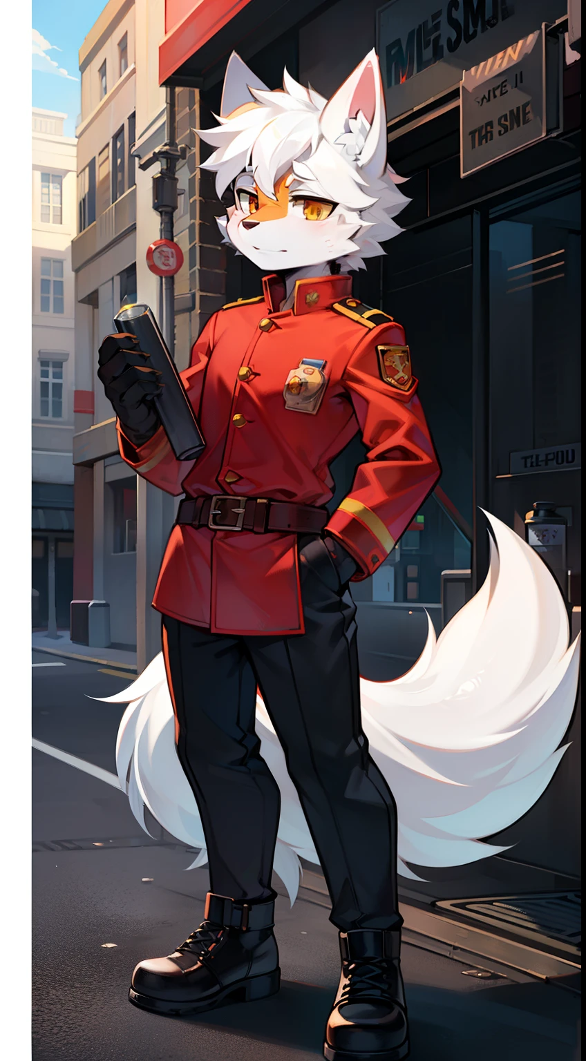 the city street,Sunnyday,full bodyesbian, Young Wolf, 人物, tmasterpiece,Red firefighter uniform, black long boots,Furry tail, Highest image quality, 8K, Full HD background,Cartoony,handsome,male people, old,a plush,Furry,White fur,White body,Light blue ears,Orange-yellow eyes,thick eyebrow,Nervous,solo person, Wolf ears, ((full-body portraits)), Soft lines,Soft lines of clothing,Hold a fire extinguisher