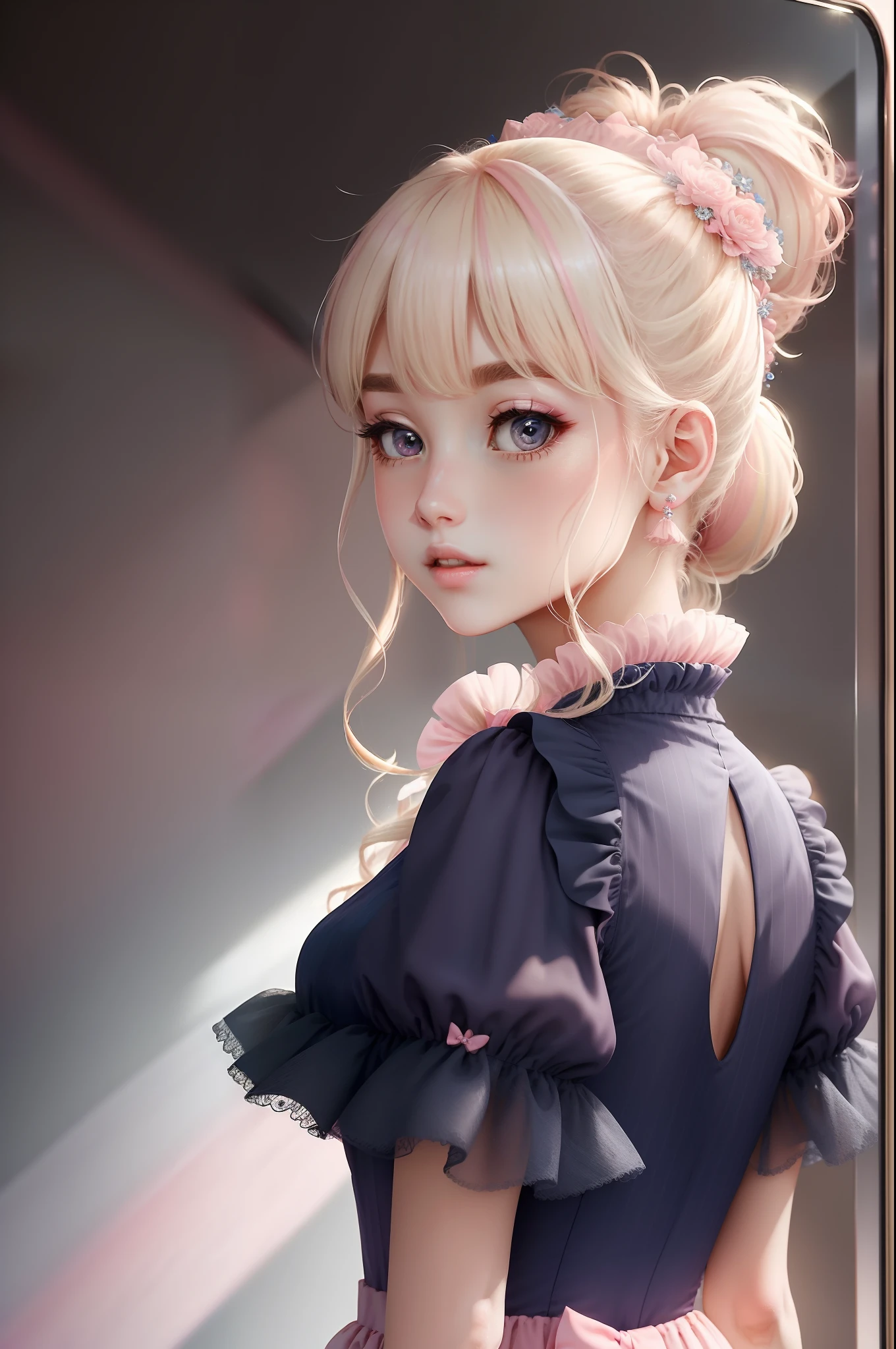Princess A Princess Soft Good style best quality(Highest Quality) , High quality(hiquality) Pink and fluffy dress blonde and soft hair corolla Ponytail The whole body is reflected A wonderful atmosphere with a very delicate tone