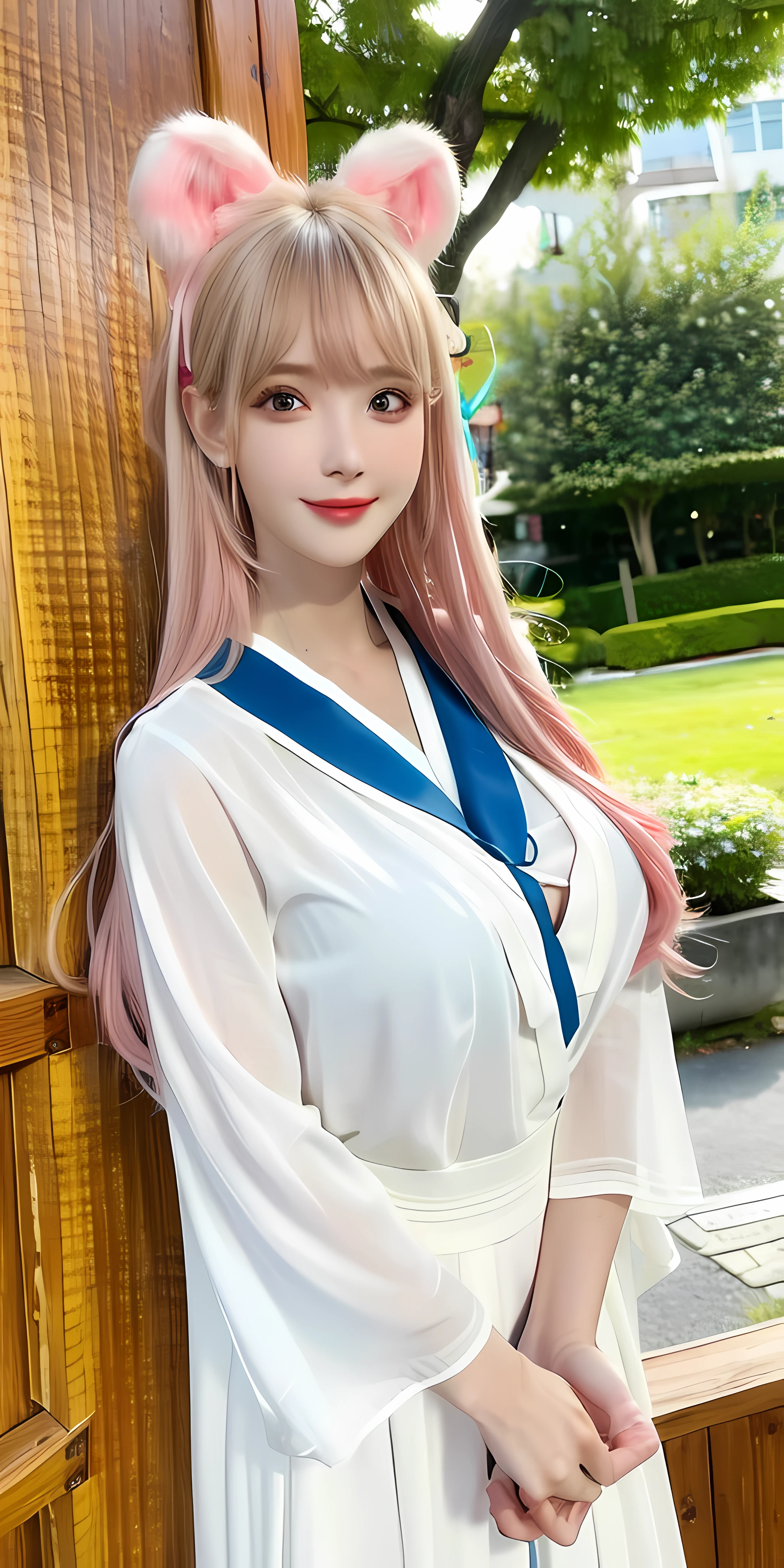 (8K, 4K, Best quality, A high resolution:1.2), (marsterpiece, Realistic, photograph realistic:1.37), 1girll, Solo, Beautiful face, eyeslashes, nase, Glossy lips, (Detailed eyes, view the viewer, Fair skin, White skin:1.5), fine complexion, Upper body,
Large breasts, Busty, , (:1.5),
Outdoor onsen,
two sides up, Absurdly long hair, Blonde hair, Pink hair, bangs, hair adornments, bow,
Younger, aged down,