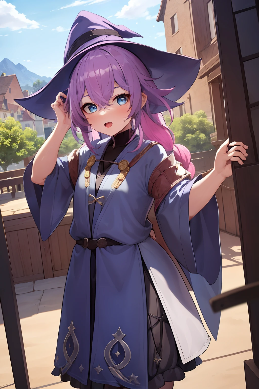 A girl with pink hair and blue eyes, who wears medieval clothes, wears a witch's hat and a black cape. Not very sexy past. masterpiece, 8k,semi-realistic,4k,RTX,Shaders,glossy texture work.