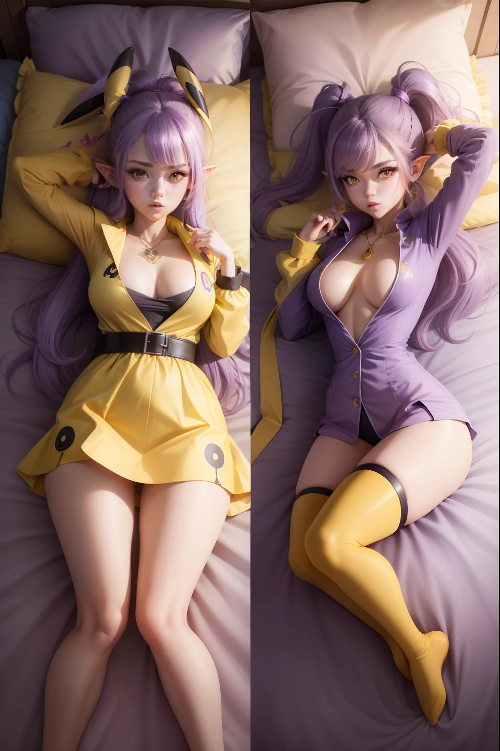 Pikachu beautiful girl double ponytail big chest side bed pointy ears purple hair big eyes long legs sky