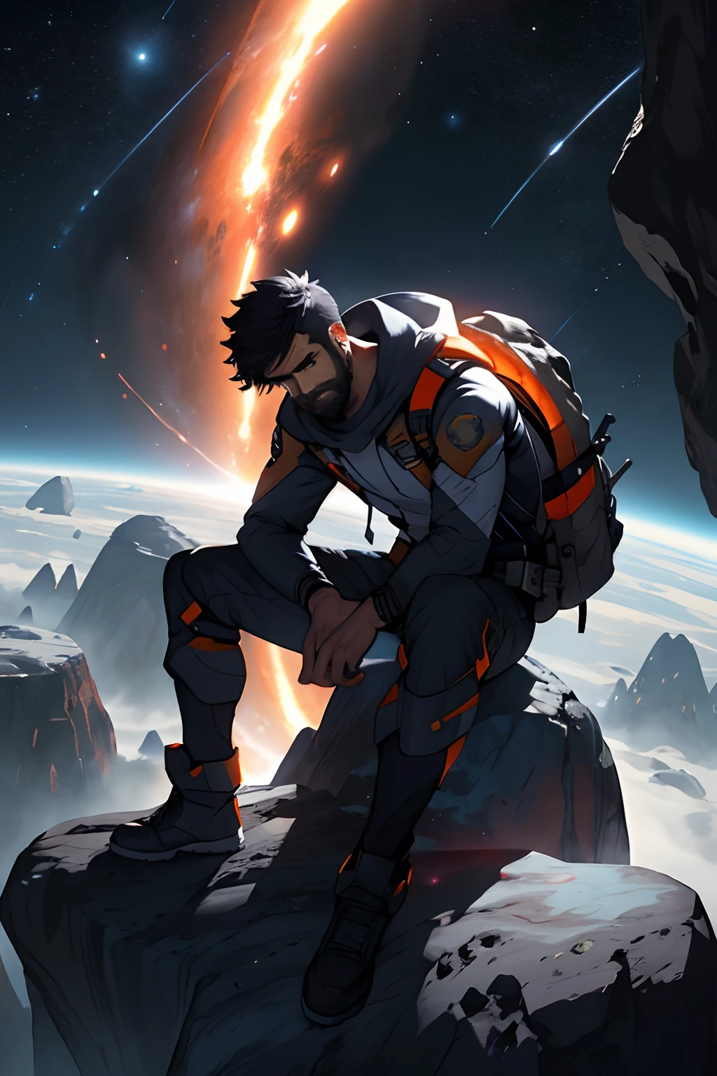 anime man with backpack looking at a planet with a star in the background, android jones and rhads, edgy adventure sci fi, sci-fi illustrations, sci - fi illustrations, epic sci - fi character art, epic sci-fi character art, epic scifi character art, sci-fi digital art illustration, scifi illustration, by Christopher Balaskas