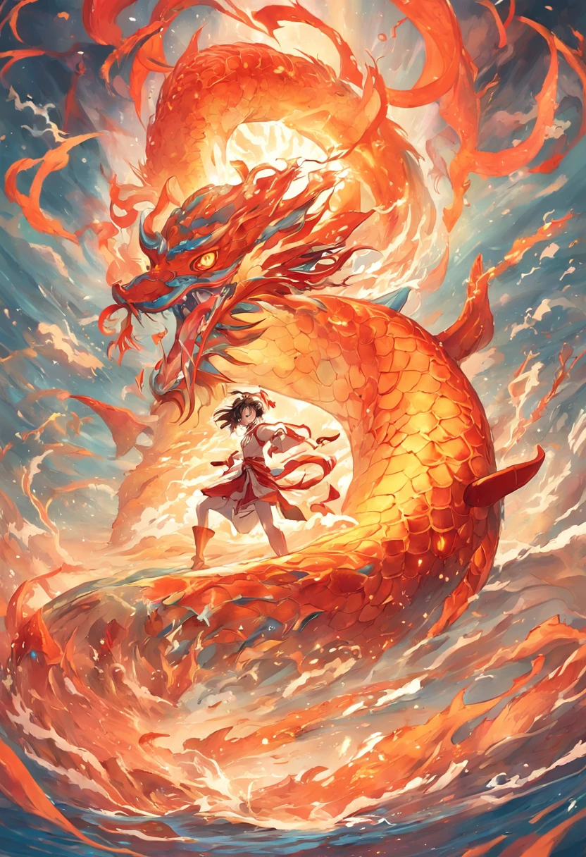 Nezha, Chinese mythology, ocean, divine weapons, halo, fiery wheels, flaming spear, lotus flower, battle stance, fierce expression, flowing red ribbon, golden armor, dragon scales, swirling waves, sea creatures, giant sea serpent, stormy sky, lightning bolts, crashing waves, underwater kingdom, aquatic beings, colorful coral, underwater palace, swirling currents, epic battle, celestial beings, heavenly realm, divine powers, fiery aura, trident, mythical creatures, mythological landscape