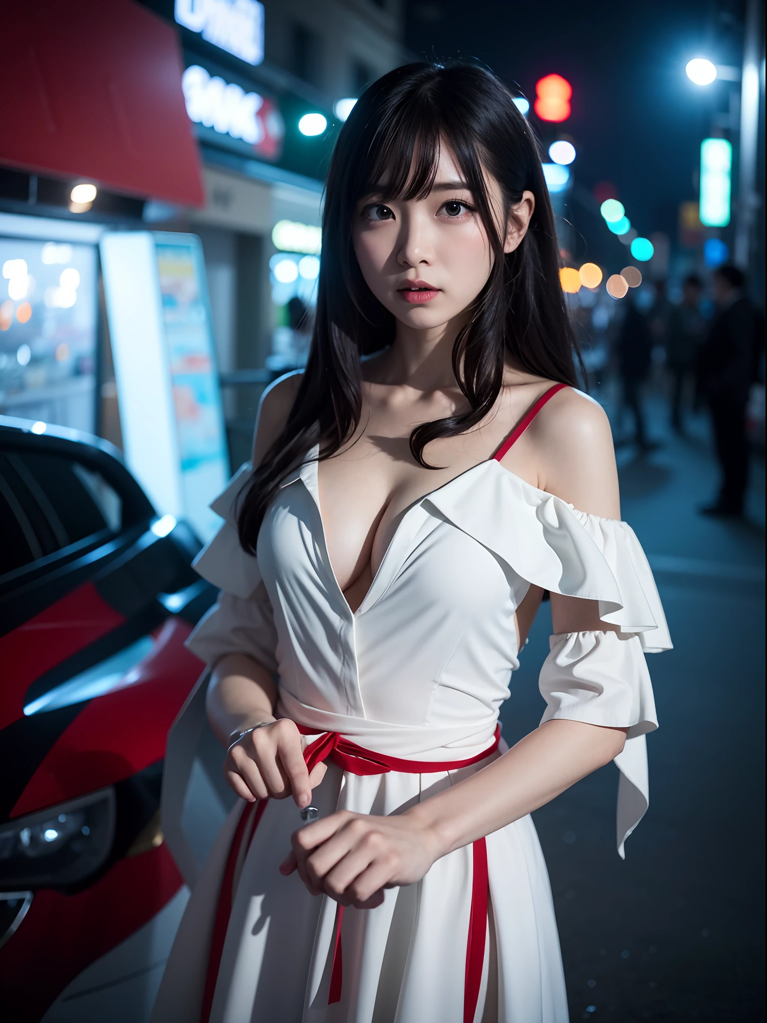 8K、Top image quality、masterpiece、25-years old、(1 adult female)、White Off Shoulder Dress、Horror style、High-speed shutter、motion-blur、Action Figures、angry expressions、The dim、A knife with blood glows suspiciously、various parts of the body are cut out and bleeding,、Blood vessels in the hands, missiles、And the chest is faintly visible、There is also a lot of blood in clothes、She's pretty excited、She holds a knife in the dim light、Glaring at us