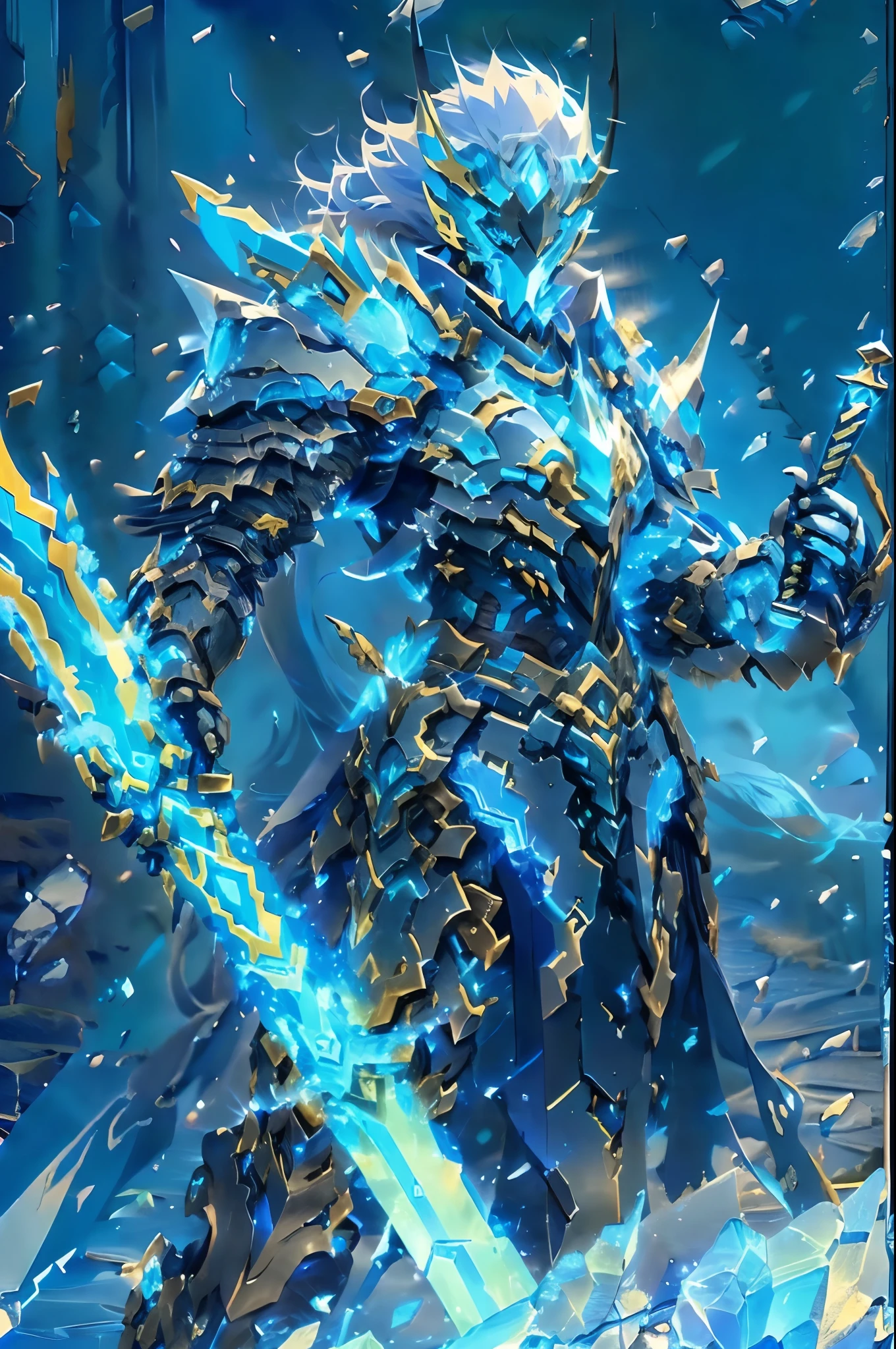 anime character with sword and ice crystals in hand, deathknight, ice crystal armor, style of duelyst, glowing sword, epic fantasy digital art style, 8 k hd wallpaperjpeg artifact, 8k hd wallpaperjpeg artifact, epic fantasy weapon art, high quality digital concept art, painted in the style arcane, sliver ice color reflected armor
