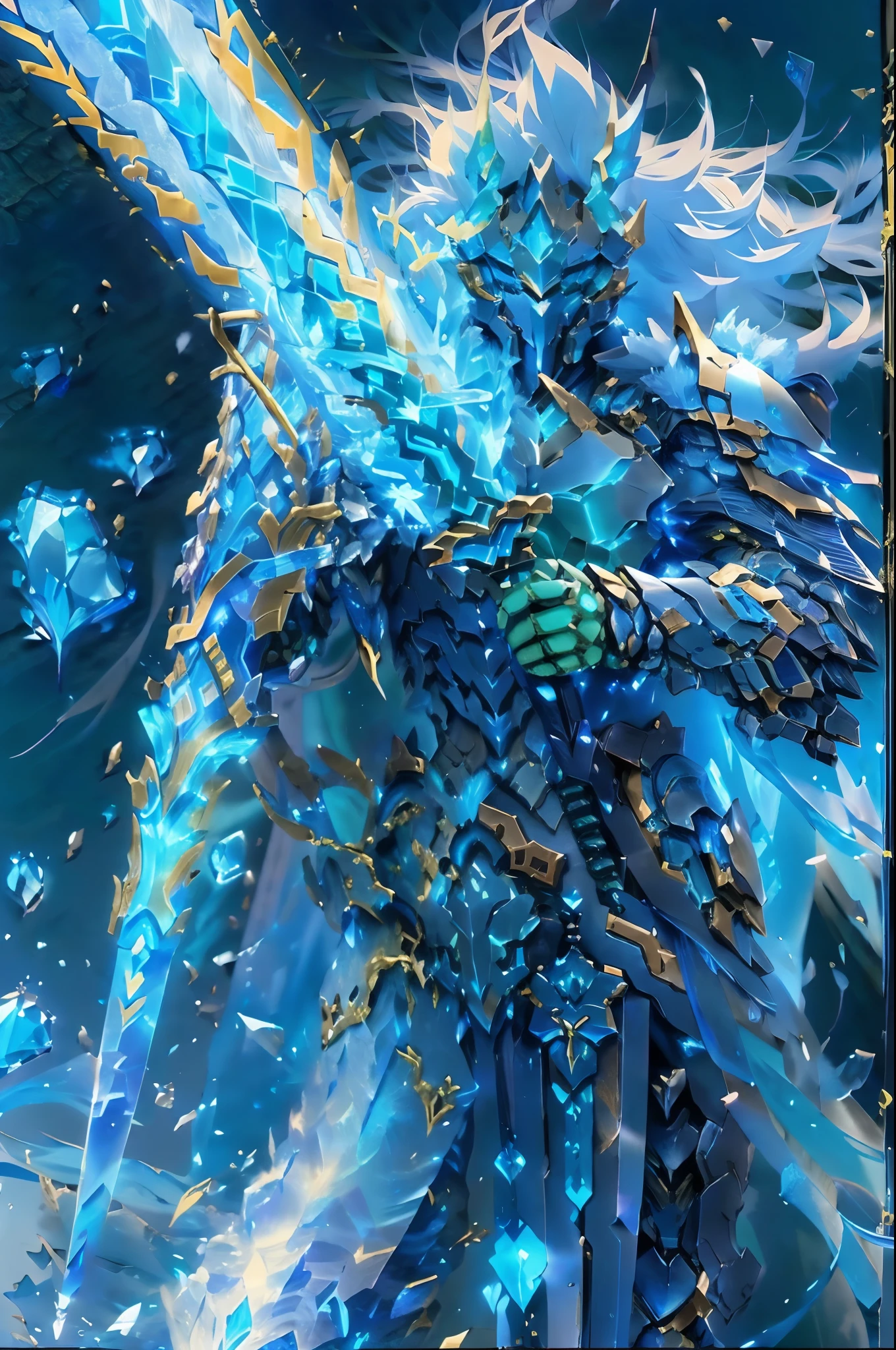 anime character with sword and ice crystals in hand, deathknight, ice crystal armor, style of duelyst, glowing sword, epic fantasy digital art style, 8 k hd wallpaperjpeg artifact, 8k hd wallpaperjpeg artifact, epic fantasy weapon art, high quality digital concept art, painted in the style arcane, sliver ice color reflected armor