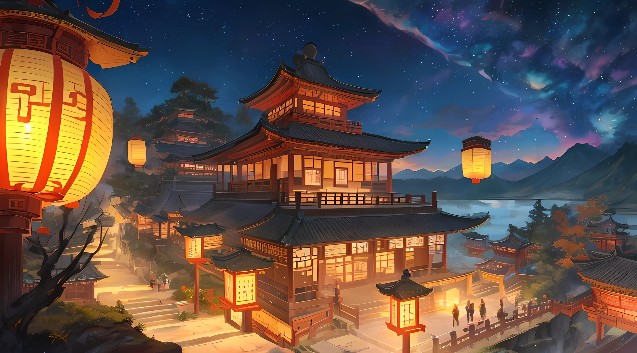 ( ( Top view, high angle view, Focal point composition) ) , Sunset Gradient, moonlit night, halo, beautiful light, beautiful play of shadow, light effects, Autumn, Ancient Chinese architecture, many raditional Chinese architecture on a floating island, there are many scattered buildings on the high mountain, ( huge Taoist incense burner, Sending out exquisite and beautiful magical effects) , waterfall cascading from the island, a vast sea of clouds, spectacular waterfalls, group of buildings, lanterns and sky lanterns floating in the air, high mountains, starry skies, soft color, refreshing, beautiful, Chinese landscape painting, cinematic lighting, high detail, (close-up), (chiaroscuro),fine facial details,cinematic lighting, (depth of field), UHD, --v6