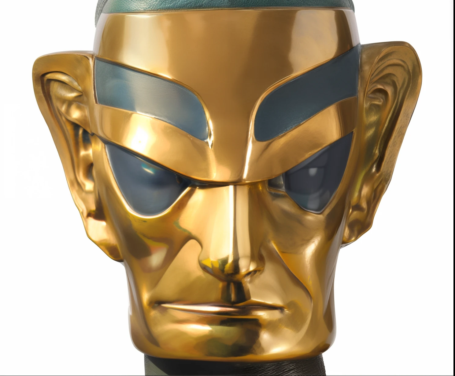 Close-up of a statue of a man with a head made of metal，Inspired by Yue Minjun's bronze sculptures，Zbrush Central Featured，cloisonne，portrait of male humanoid，ancient alien portral，face of an armored villian，Bronze face，Portrait of a metal face，humanoid portrait，Portrait of a humanoid alien