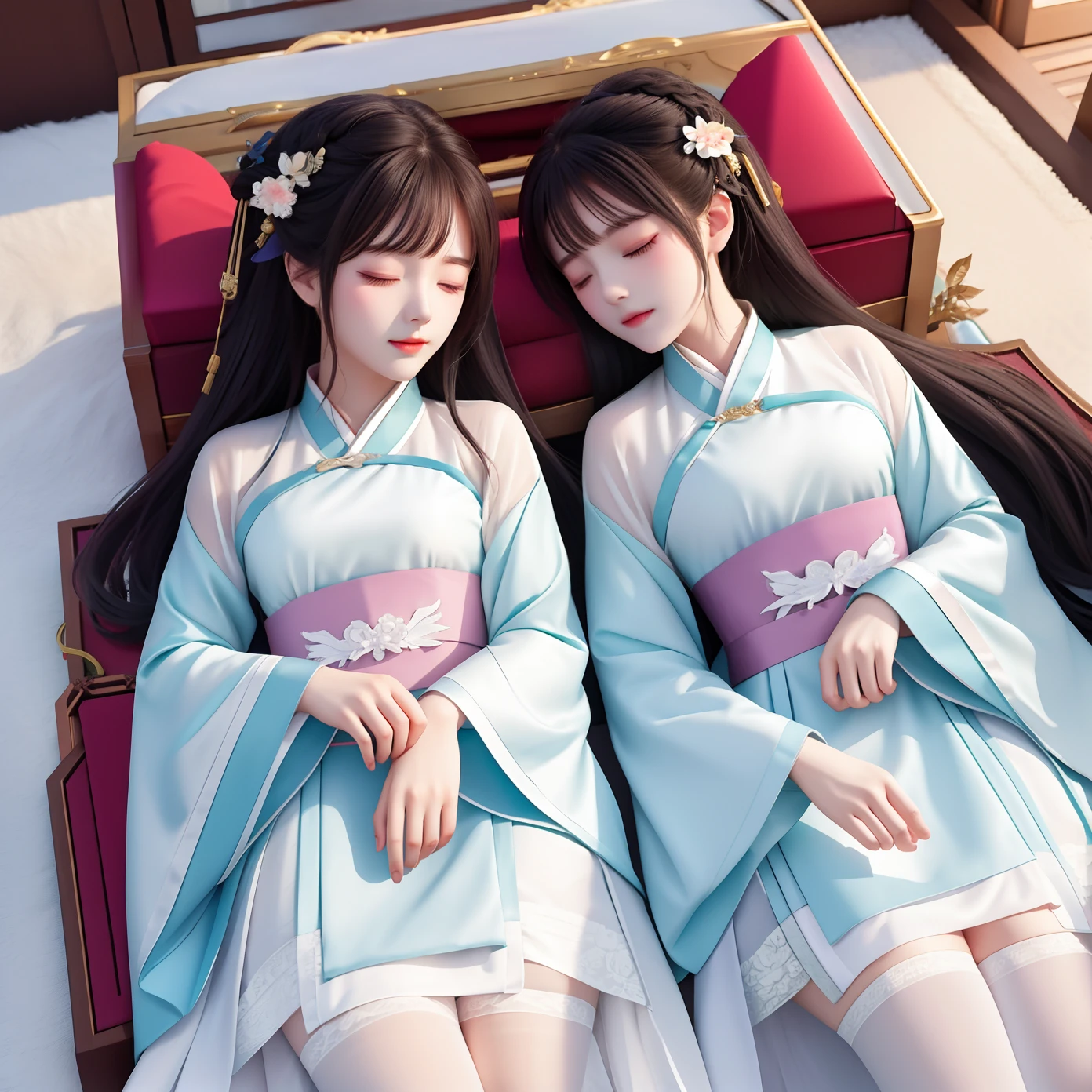 Beautiful twin sisters sleeping in a coffin,whitestocking,Hanfu