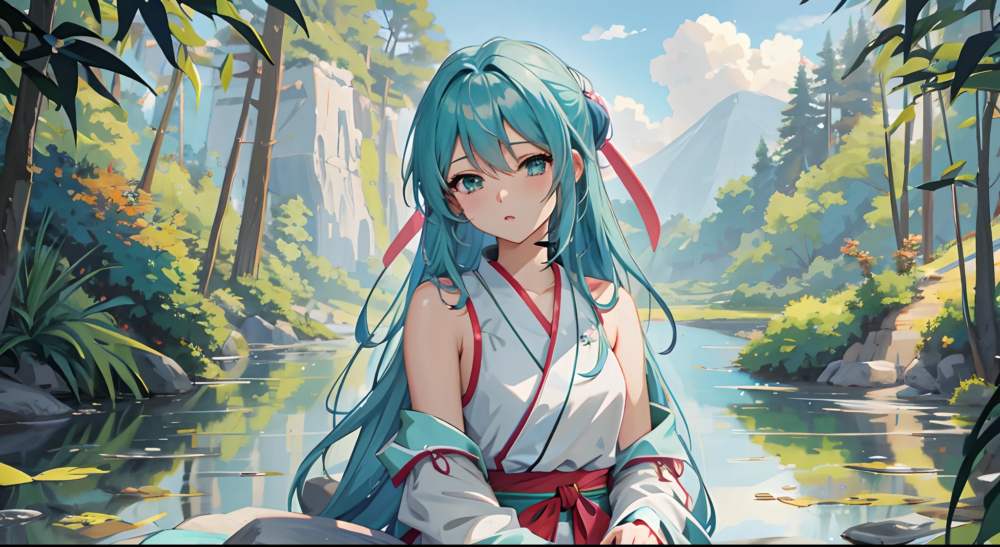 Anime girl sitting on a rock in a river surrounded by trees, style of anime4 K, Anime girl with teal hair, Anime style. 8K, Anime art wallpaper 8 K, Anime art wallpaper 4 K, Anime art wallpaper 4k, beautiful avatar picture, High Quality Anime Art Style, anime styled digital art, drawn in anime painter studio, Anime wallpaper 4 k，Lying on a stone slab，sleepy，Want to sleep
