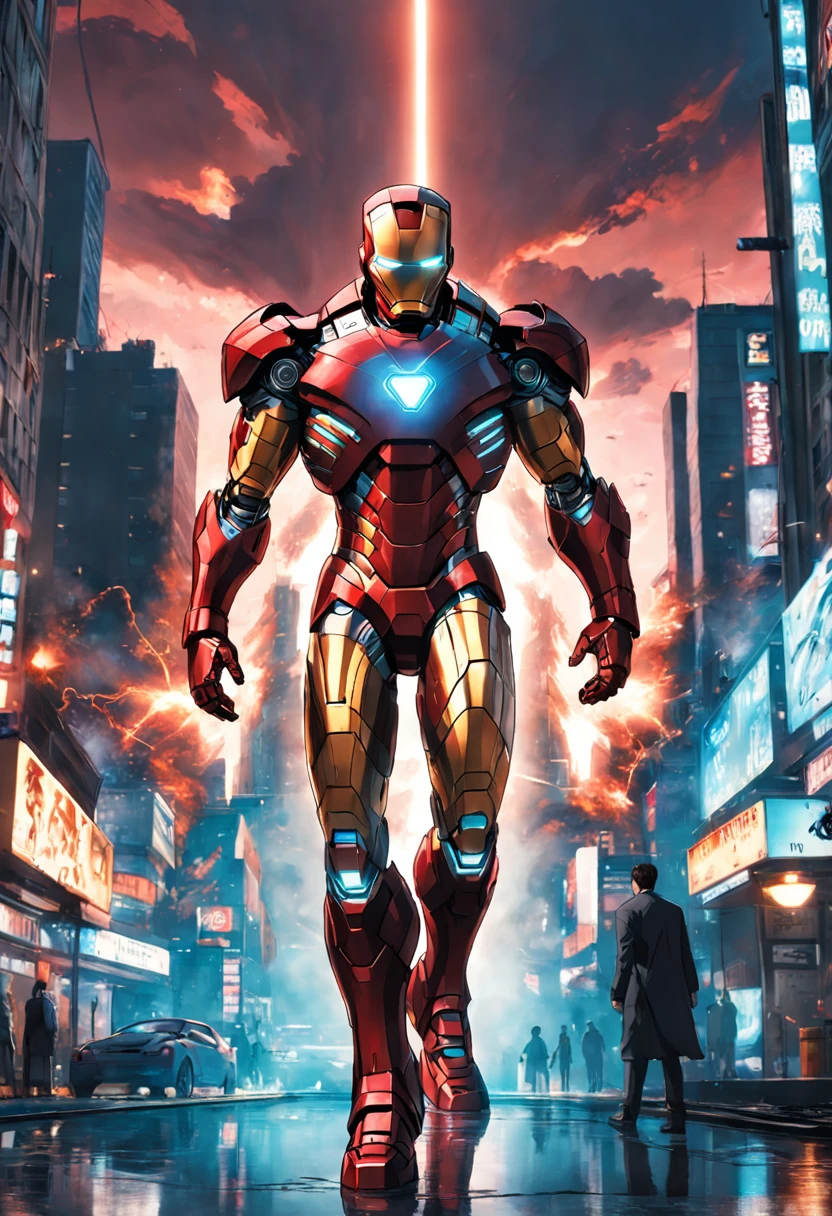 Photo of Marvel Iron Man standing outside the city , The eye emits a laser,Sateen, RTX, octanerender, unreality。k hd