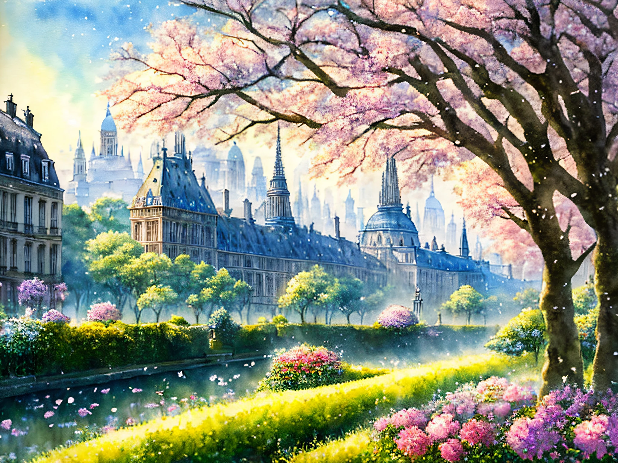 (tmasterpiece),(Best picture quality),8K,Highly delicate,Super meticulous,soft watercolor painting, Paris, springtime, Morning, Mist, Shade, In the style of Prafour Sawant.