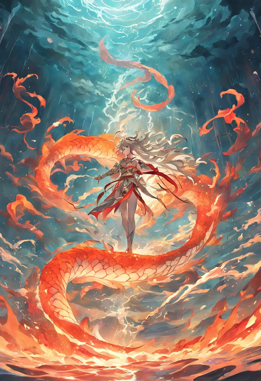 nezha, Chinese mythology, Ocean, Sacred weapons, Halo, Fiery wheels, Spear of Fire, lotus flower, Combat posture, Fierce expression, Flowing red ribbon, Golden armor, dragon scale, Whirlpool waves, Marine life, Giant sea serpent, Stormy sky, Lightning bolts, Crashing waves, Underwater Kingdom, aquatic creature, colorful coral, Underwater palace, Vortex current, epic battles, Um ser celestial, Heavenly Realm, divine power, fiery aura, trident, mythological creatures, mythological landscape，hyper-high detail