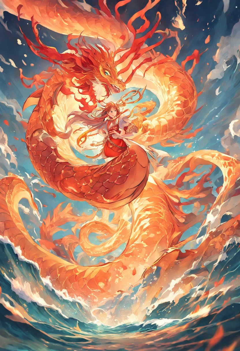 nezha, Chinese mythology, Ocean, Sacred weapons, Halo, Fiery wheels, Spear of Fire, lotus flower, Combat posture, Fierce expression, Flowing red ribbon, Golden armor, dragon scale, Whirlpool waves, Marine life, Giant sea serpent, Stormy sky, Lightning bolts, Crashing waves, Underwater Kingdom, aquatic creature, colorful coral, Underwater palace, Vortex current, epic battles, Um ser celestial, Heavenly Realm, divine power, fiery aura, trident, mythological creatures, mythological landscape，hyper-high detail