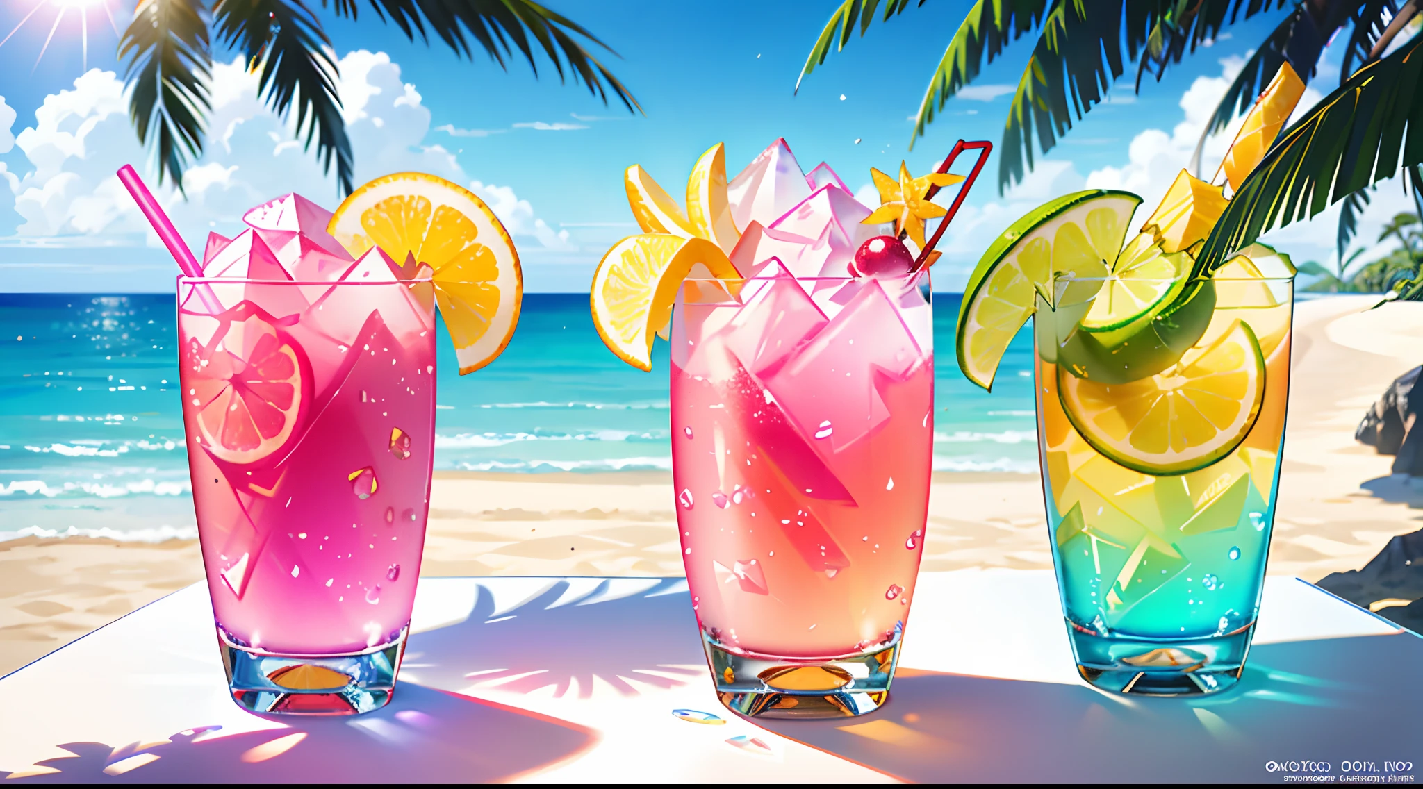 macro photography, on the left under a palm is a fresh pink purple cocktail with crushed ice, limes, pineapple, paperumbrella, sunbeam casting prismatic effects, shiny, sweaty glass, in the background and unfolding to the right is the ocean beach