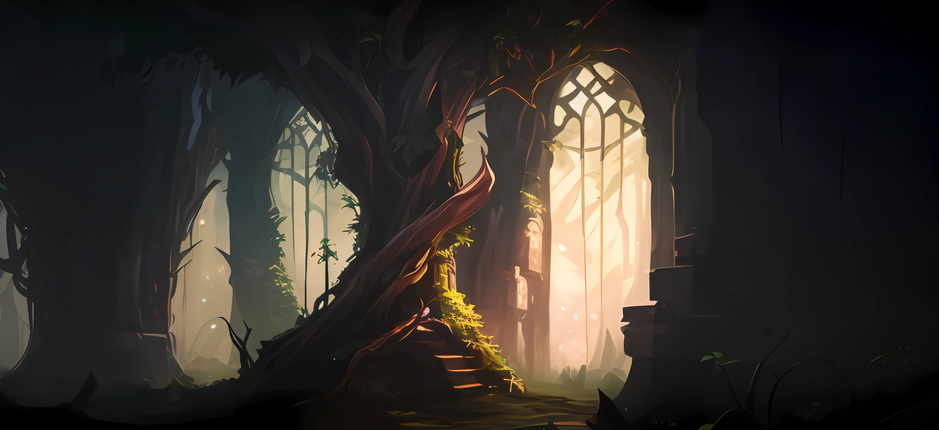 Close-up of a tree in a dark room,Light passes through it, painted as a game concept art, Riot game concept art, Stylized concept art, environment concept art, environment and concept art, League of Legends concept art, art nouveau jungle environment, magical fantasy 2 d concept art, painterly concept art, environmentart