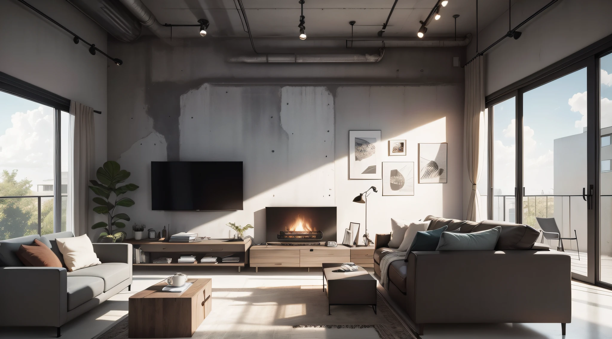 Generate an artistic representation of a living room with an exposed concrete wall, complemented by contemporary furnishings and carefully chosen decor, capturing the balance between industrial and refined aesthetics.