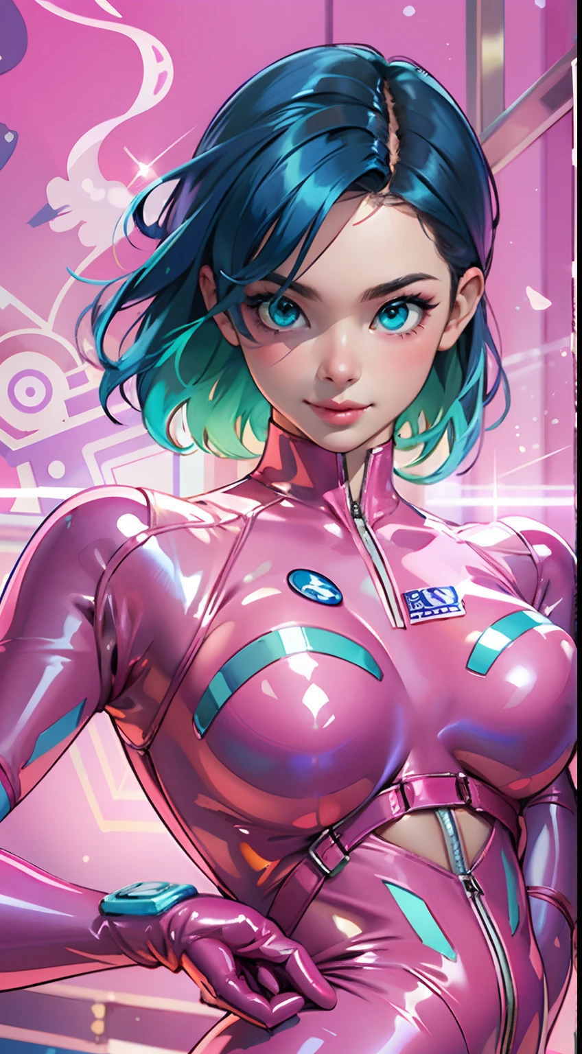 best quality, masterpiece, beautiful face and eyes, beautiful woman, glamorous body, indigo hair, aqua eye, one woman, delicate depiction, glossy latex pink full bodysuit, clothes are transparent, provocative pose, back view, sticking out ass, charming ass, pink colors full bodysuit, alluring smile, bobcut,