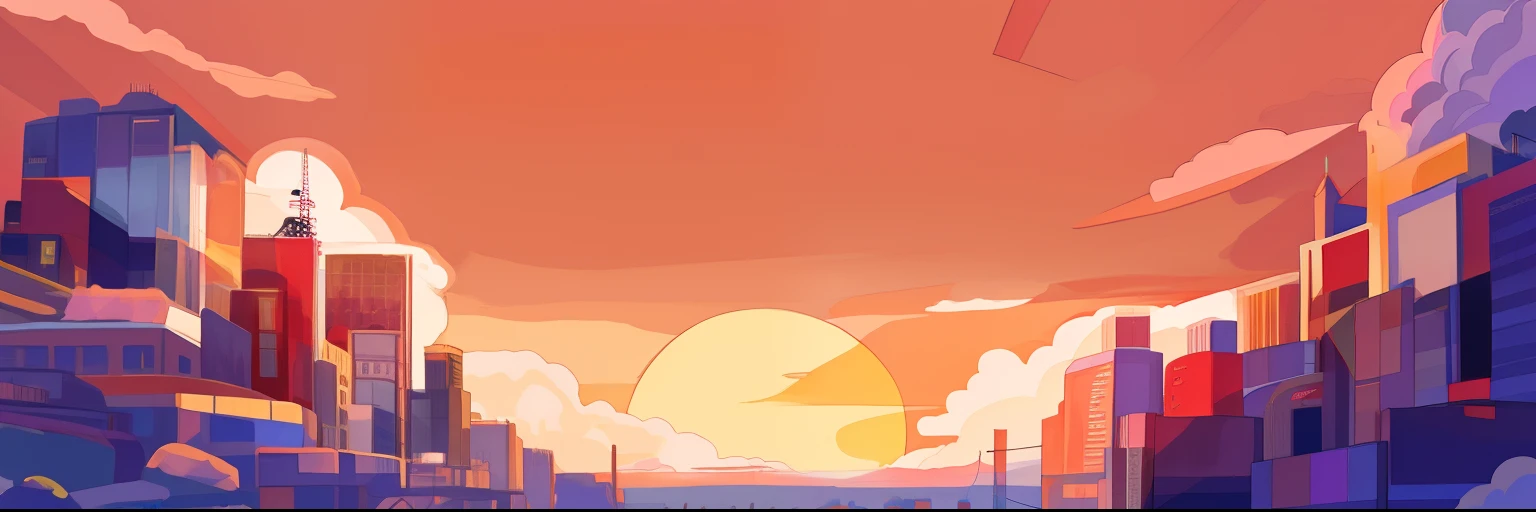 A picture of the city，The sun rises in the background，Flat illustration，Memphis style，orange and blue