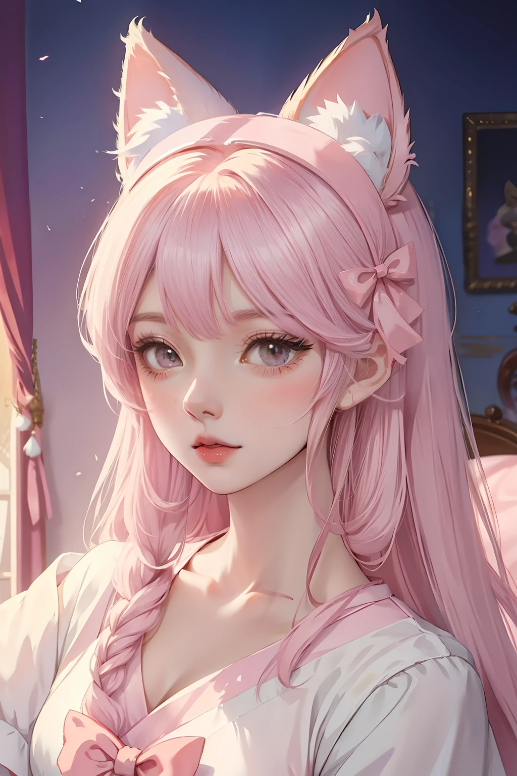 Anime girl pink Maruko head，white bows，Beautiful character painting，Stunning anime face portrait，Handsome royal sister，Cat ears。