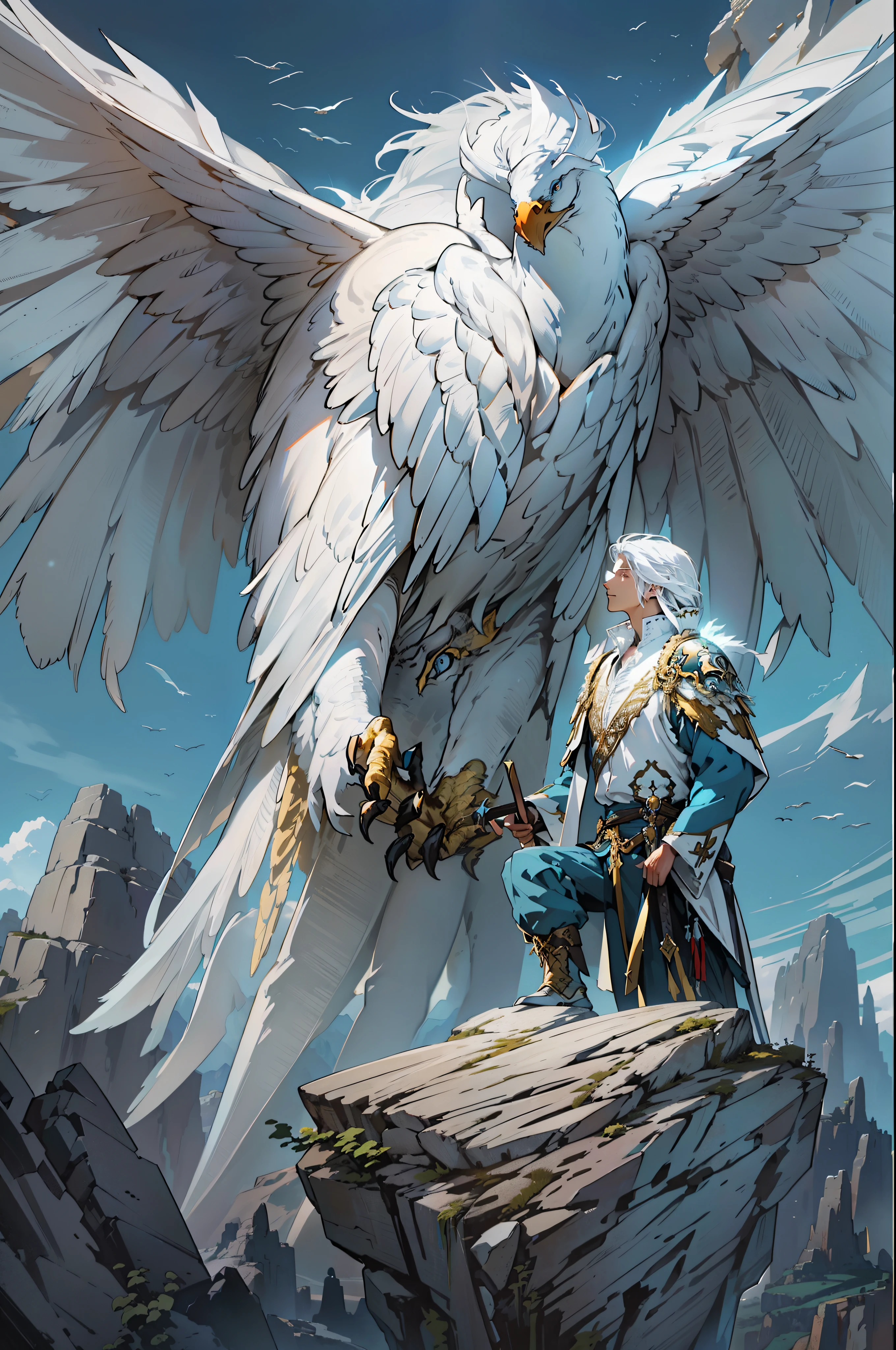 "Awe-inspiring and majestic, showcase a stunning scene with a magnificent white eagle perched on a rugged rock formation. A young man with ethereal white hair and piercing blue eyes stands proudly by the side of the majestic eagle."