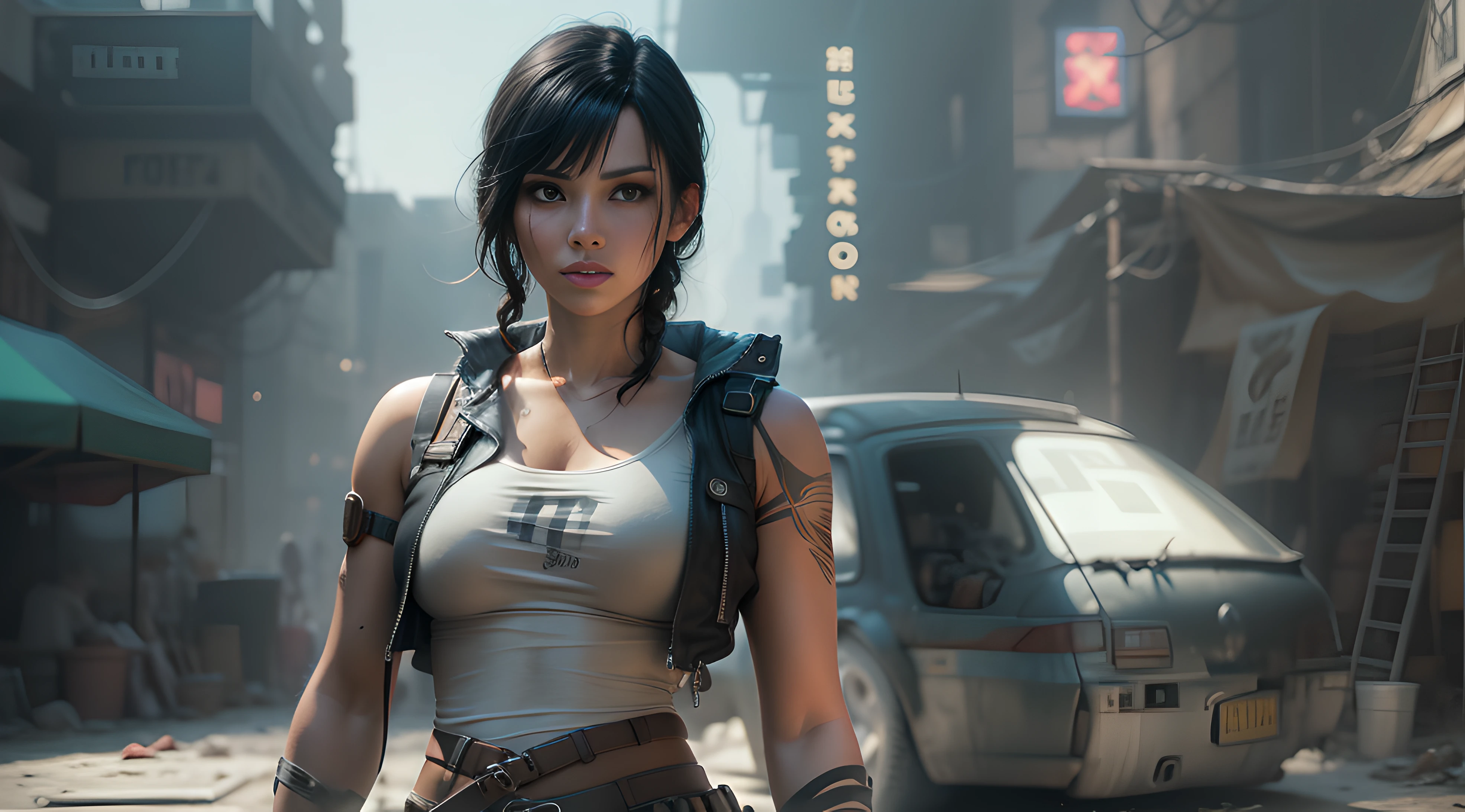 a photorealistic fullbodyshot version of a pale woman with black hair and bangs and flast chest cosplaying Lara Croft in a cyberpunk fashion, the woman stand on the left in the picture, whereas to the right the environment of the game unfolds