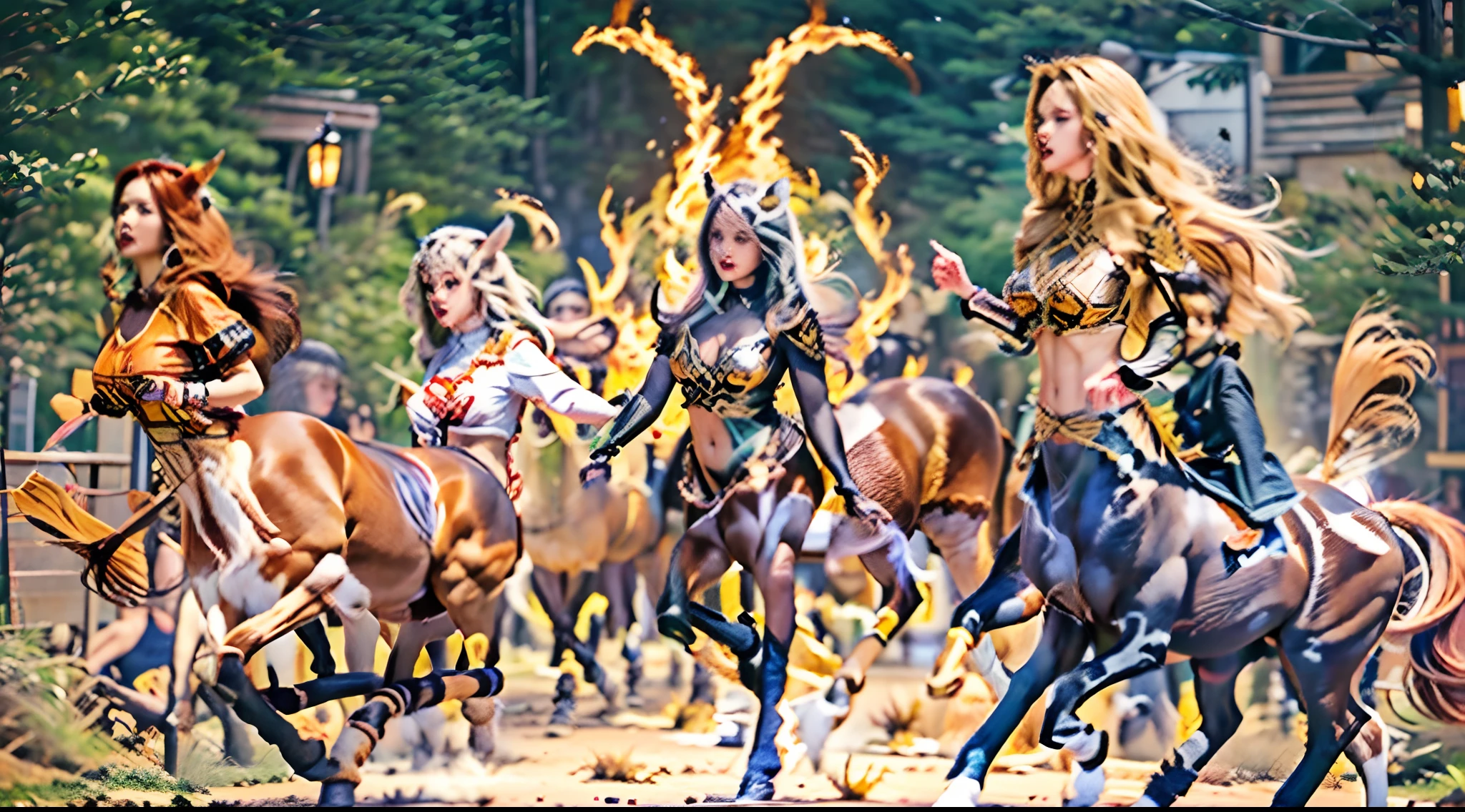 In this beautiful illustration，Eight unique female centaur characters are shown，They all have their own characteristics，Vivid and interesting。Radiant angelic centaurs from the heavenly realm，To the hellish centaurs surrounded by nightmarish flames，And then to the Wind Immortal Centaur dancing in the air，Unicorn centaur surrounded by lightning，Mechanical centaur in mechanical style，Dragon centaurs，Elf centaurs，Tiflin centaurs，Each character has their own unique charms and abilities。The illustration uses advanced artistic techniques and tools，Divide the scene into sections by geometric arrangement，Each section corresponds to a centaur character，This makes more efficient use of space。Through Midjourney's advanced brush tools、Color palette、Material packs and model packs，Exquisite costumes and equipment are designed for each centaur，Enhances the character's personality and visual appeal。The scenery in the illustrations is stunning，There are changing skies、rainbowing、extreme light、Stars and Moon。Incorporating iconic landmarks such as Mount Everest，and fireworks、tranquil lake、Natural and urban elements of waves and neon lights，Creates a magical atmosphere。The centaurs showed off their skills and equipment in a variety of environments，This is true even in extreme alien landscapes。Midjourney's tools make depicting details vivid and realistic，From intricate hairstyles and clothing to authentic textures，Enhances the realism of the characters and surroundings。The fusion of multiple art styles adds movement to the centaur's movement at all angles，The overall visual experience is further enriched。The final illustration was described as a "masterpiece"，It has the characteristics of "best quality" and "realistic"，The details put into the creative process are shown、Level of creativity and craftsmanship。Ultra-grand scenes，super wide shot， hdr，（真实感，Masterpiece quality，best qualtiy）