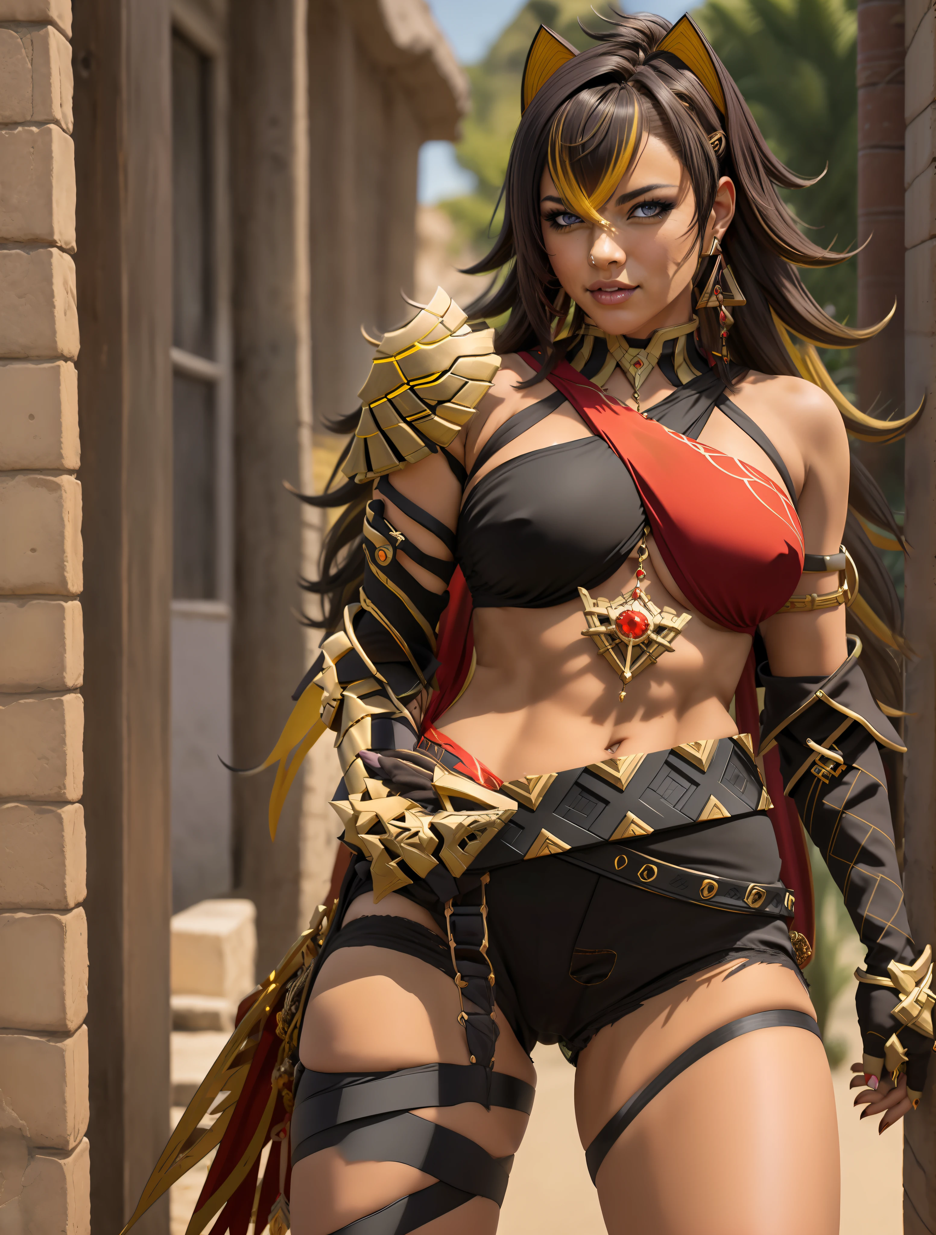 ((masutepiece)), (Best Quality:1.7), (Detailed:1.4), (hight resolution:1.4), 8K, (Colorful:1.5), 2D, High resolution, Sharp Images, Raw photo, Dehya_Genshin, 1girl in, (((Solo))), Black hair, Long hair, Blue eyes, big eye、A smile, middle body, Big breasts, Blonde bangs, Cat ears, ((middle body)), Black pants, Shirt,Torn clothes, Cowboy Shot, (((Jewelry))), Black Gloves, (((armor))), thighs thighs thighs thighs, 鎖骨, Official Custom Rep, Armor Choker, A desert, cleavage, Parted lips, striated hair, Midriff, Hair intake, dark skinned female, halterneck, armlet, Black Gloves, ((criss-cross halter)), Torn clothes, Belt bag, Red Nails, nail polish, (((Armor Armlet))), fingerless glove, Two-tone breasted, ((thighs thighs thighs thighs)), angry, Serious, closes mouth, Narrow eyes, eye line, ((Looking at Viewer)), Red chest, ((Bare legs)), Sunset, Gloves with claws, hand on own hip, (((shoulder armer))), Armor Bracelet, Belt Armor, (earrings), Gold Chain, ornaments, ((Partial blonde hair)),