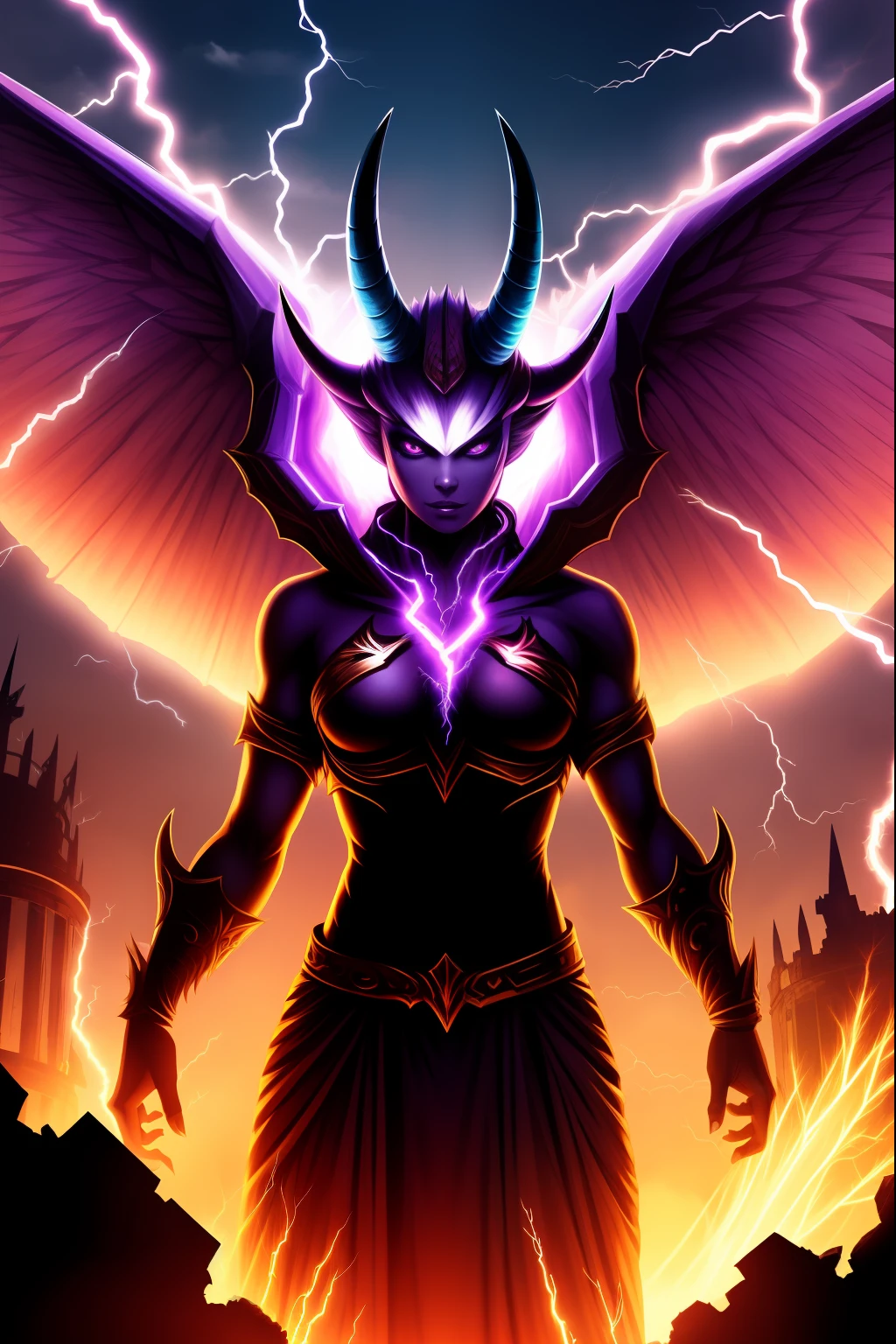 Lisa Ann as a hyper-giant, Hyper-powerful demon with a demon horn on its head and demon wings, and throws purple lightning bolts at a building, ville en ruine post apocalyptique,