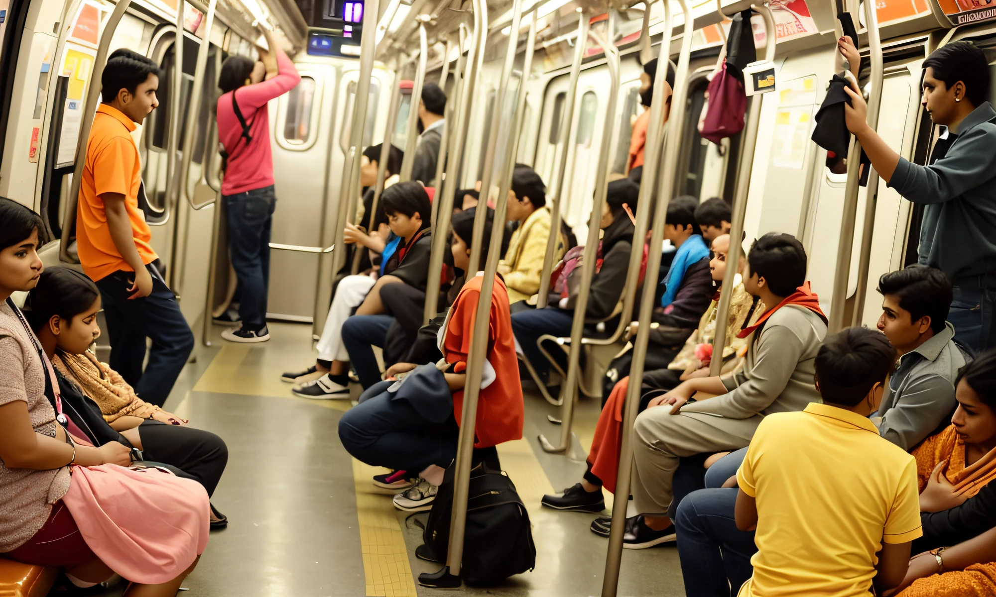 people are sitting on a subway train with their luggage, inside of a metro train, underground scene, in a subway, crowded and populated, sat down in train aile, underground metro, inside the train, orange line, in busy city, bustling with people, in sci - fi mumbai, candid picture, candid street photography, candid, beautiful futuristic new delhi