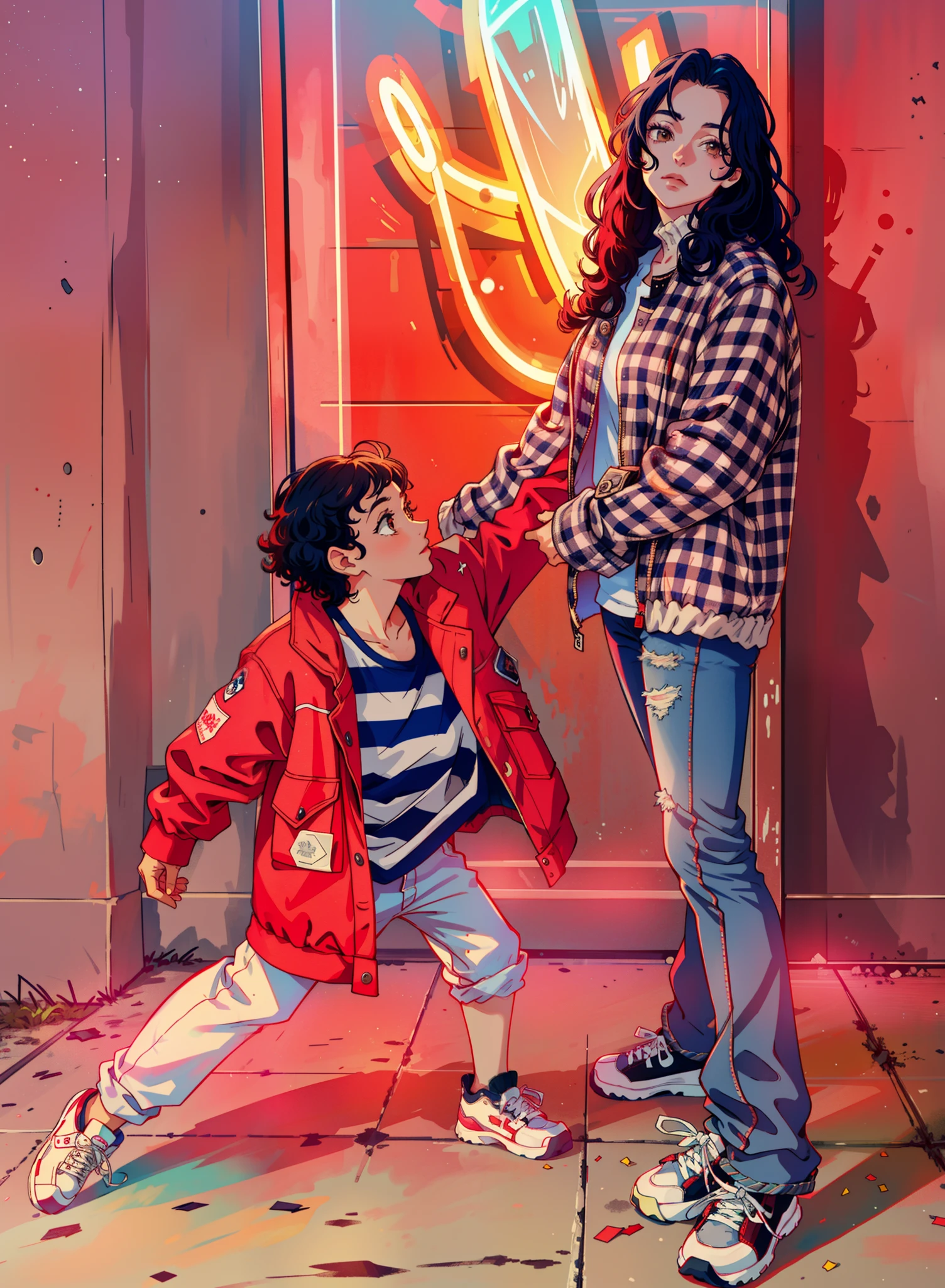 woman, wearing a red down jacket,neonlight,The woman was wearing dark blue jeans,athletic sneakers,curlies