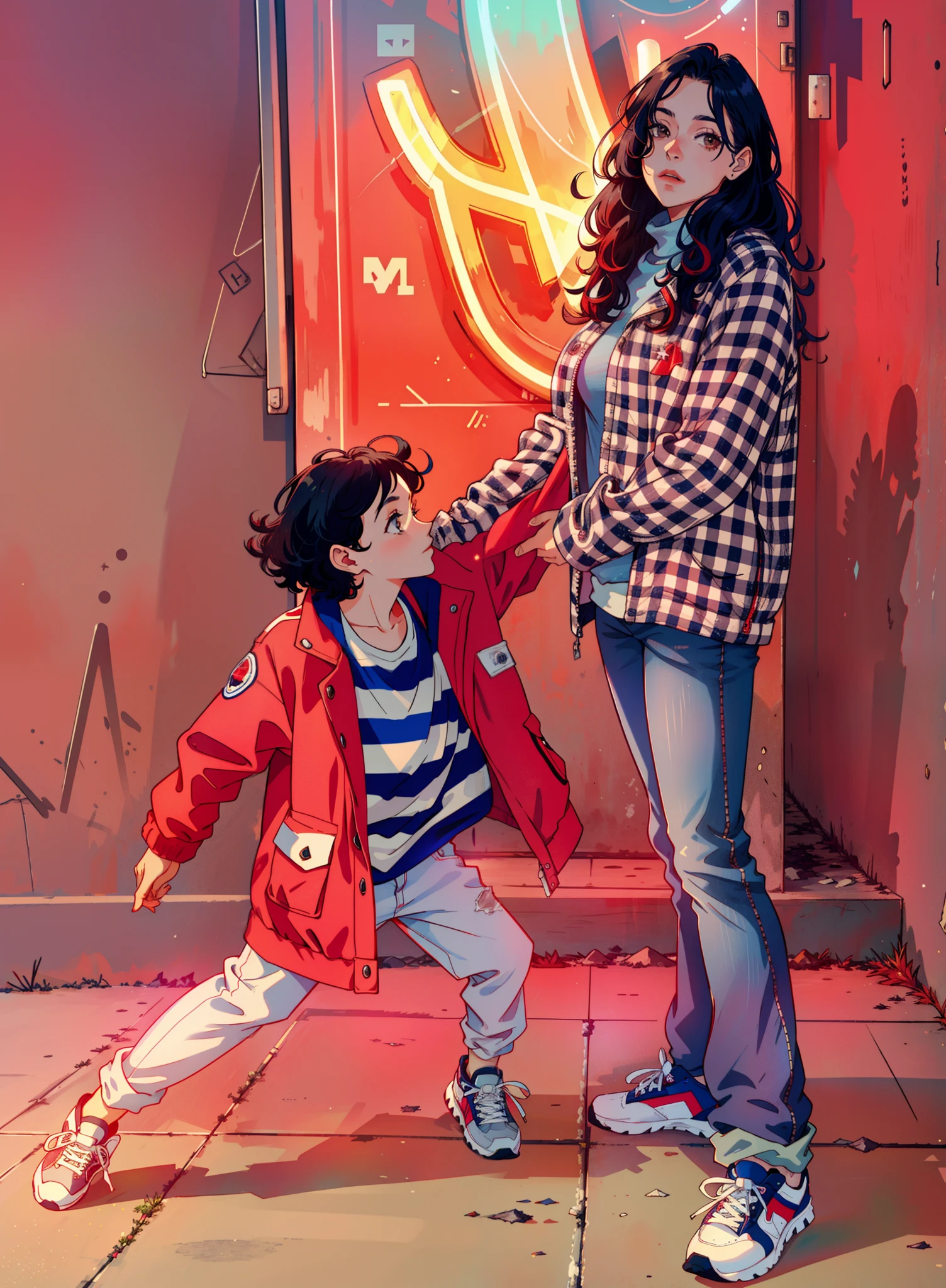 woman,Baby wearing a red down jacket,neonlight,The woman was wearing dark blue jeans,athletic sneakers,curlies