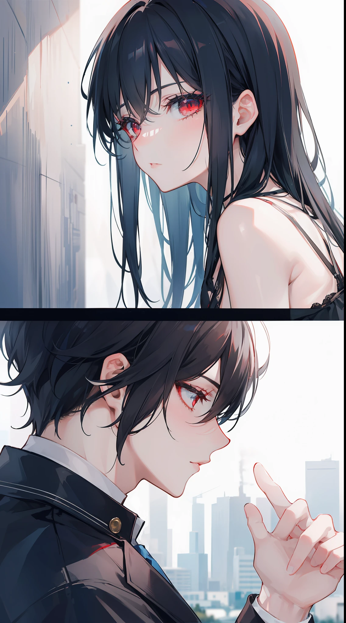 4k, dark scene, ruined environment, depict a passionate love story between two individuals, both with luscious black hair, the man with striking blue eyes, and the woman with captivating red eyes.