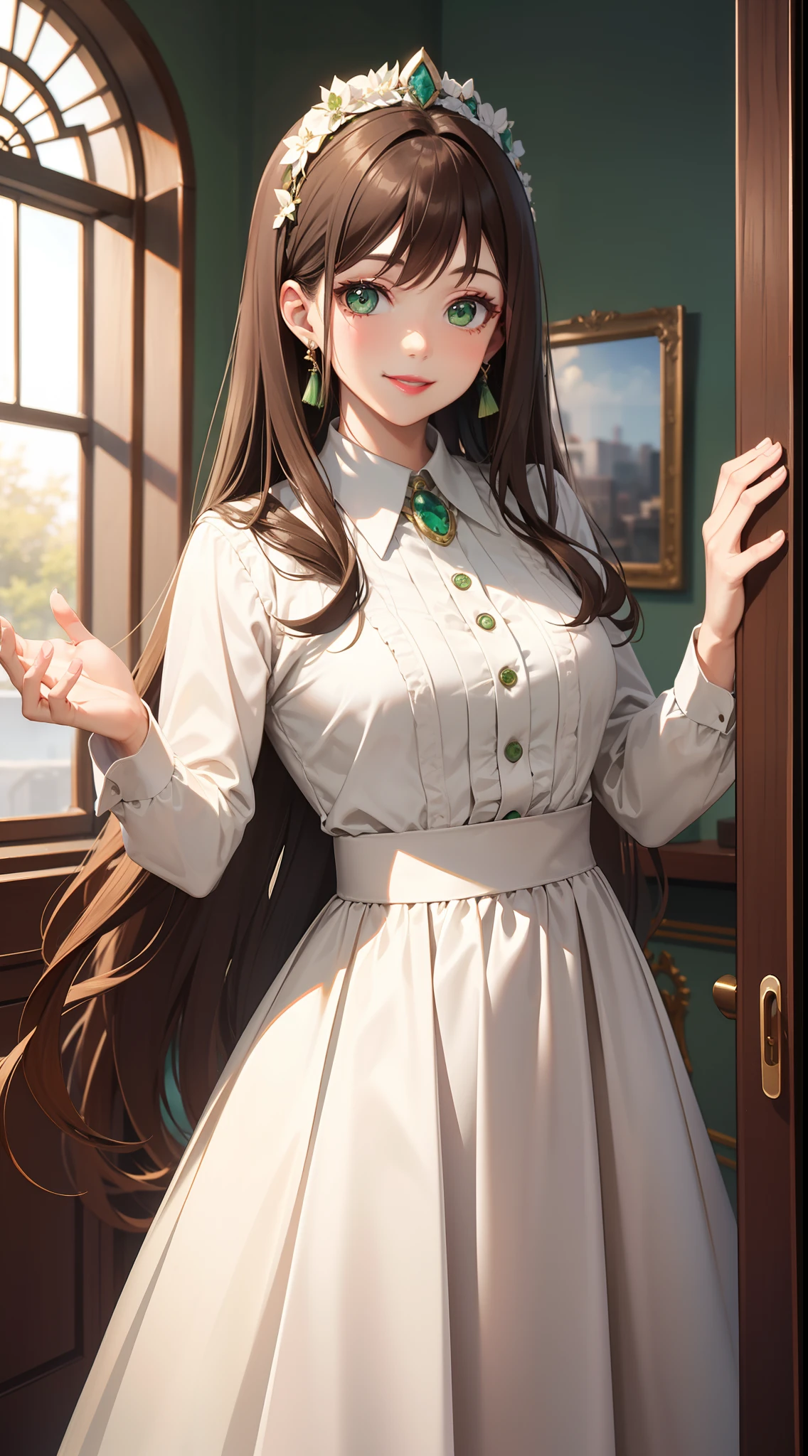 Adult woman, Long brown hair, Green eyes, white formal attire, lipstick, Smile, Masterpiece, hiquality