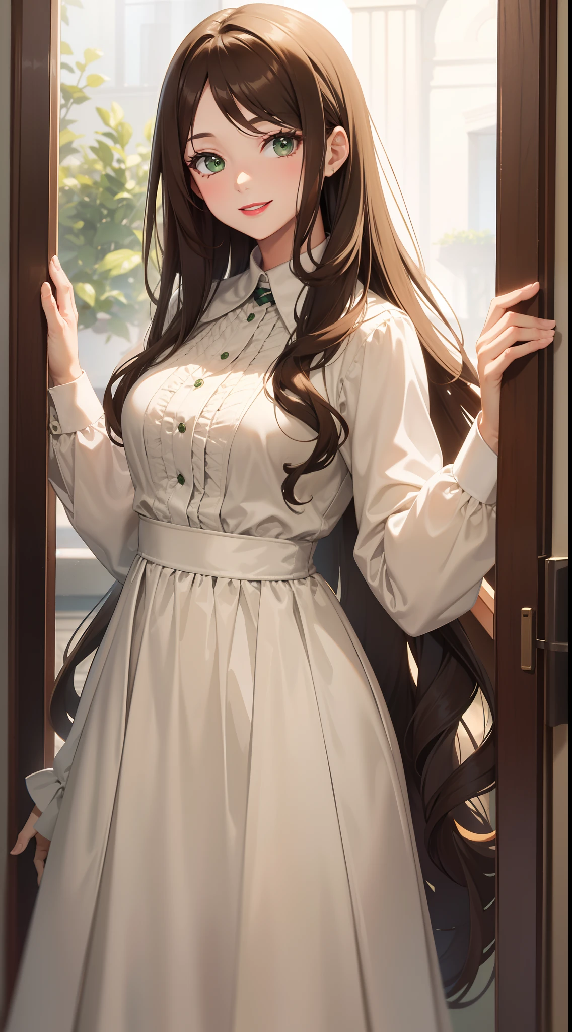 Adult woman, Long brown hair, Green eyes, white formal attire, lipstick, Smile, Masterpiece, hiquality